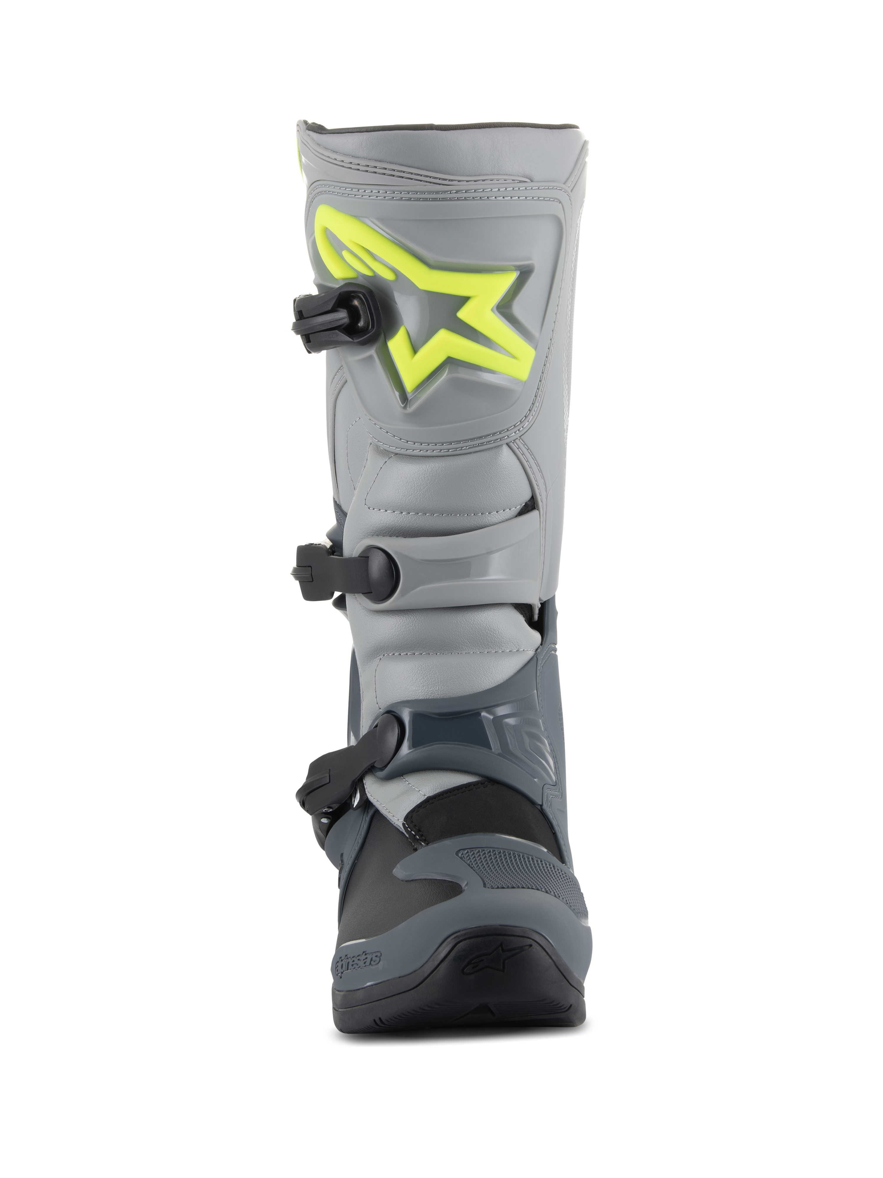 Alpinestars Tech 3 Stiefel, Motocross-Stiefel, Dunkelgrau, Hellgrau und Schwarz, Vorderansicht mit leuchtend gelbem Logo auf der Schienbeinplatte, drei schwarzen Polymerschnallen und strapazierfähiger TPU-Schale für Offroad-Rennsport