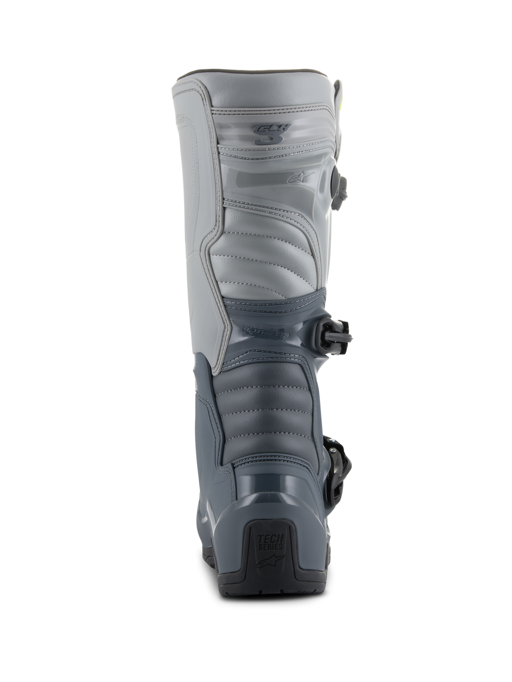Alpinestars Tech 3 Stiefel, Motocross-Stiefel, Dunkelgrau, Hellgrau und Schwarz, Rückansicht mit strapazierfähigen TPU-Schutzplatten, segmentierten grauen Paneelen und „Tech Series“-Branding an der Ferse.