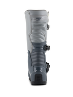 Alpinestars Tech 3 Stiefel, Motocross-Stiefel, Dunkelgrau, Hellgrau und Schwarz, Rückansicht mit strapazierfähigen TPU-Schutzplatten, segmentierten grauen Paneelen und „Tech Series“-Branding an der Ferse.
