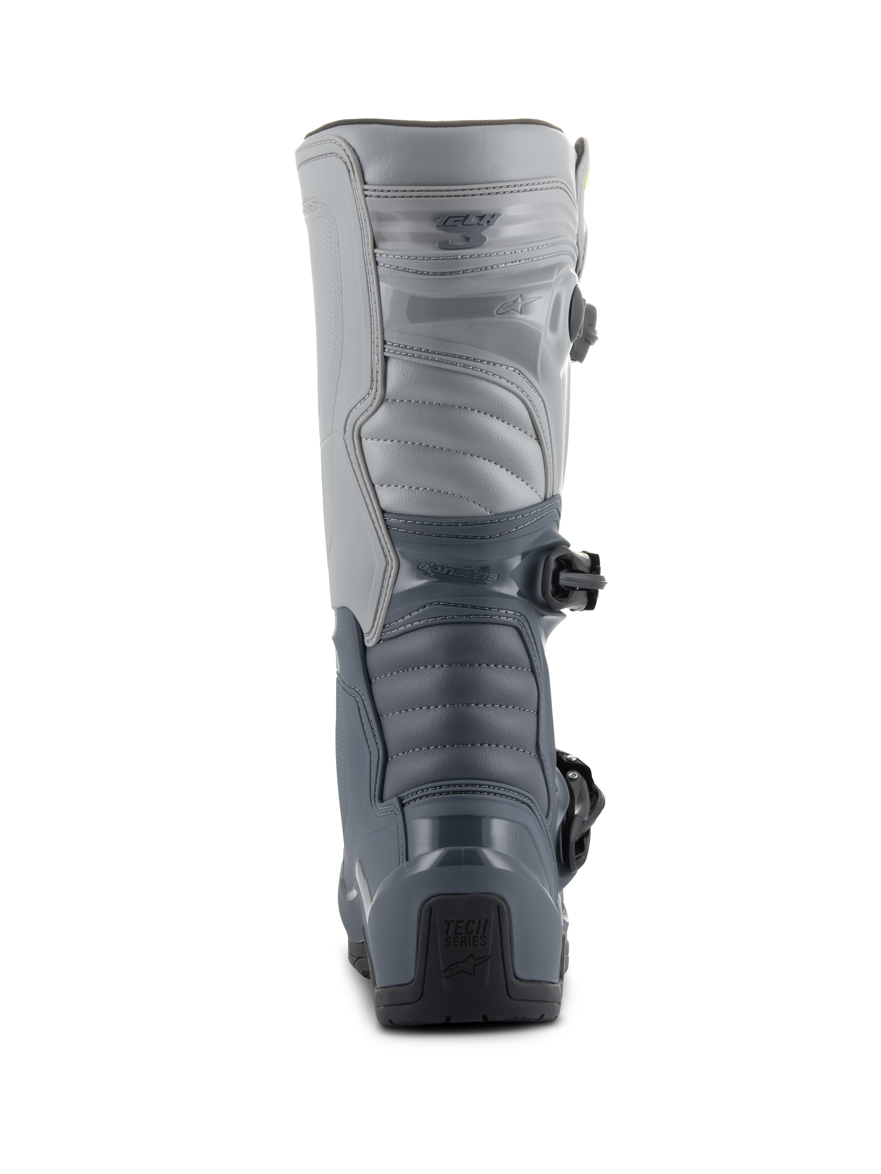 Alpinestars Tech 3 Stiefel, Motocross-Stiefel, Dunkelgrau, Hellgrau und Schwarz, Rückansicht mit strapazierfähigen TPU-Schutzplatten, segmentierten grauen Paneelen und „Tech Series“-Branding an der Ferse.
