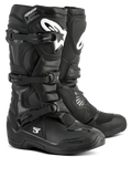 Alpinestars Tech 3 Boots, Black Motocross Boots, Off-road performance footwear, triple buckle closure system, TPU reinforced shin plate with white logo branding, durable high-grip sole, lightweight microfiber construction
