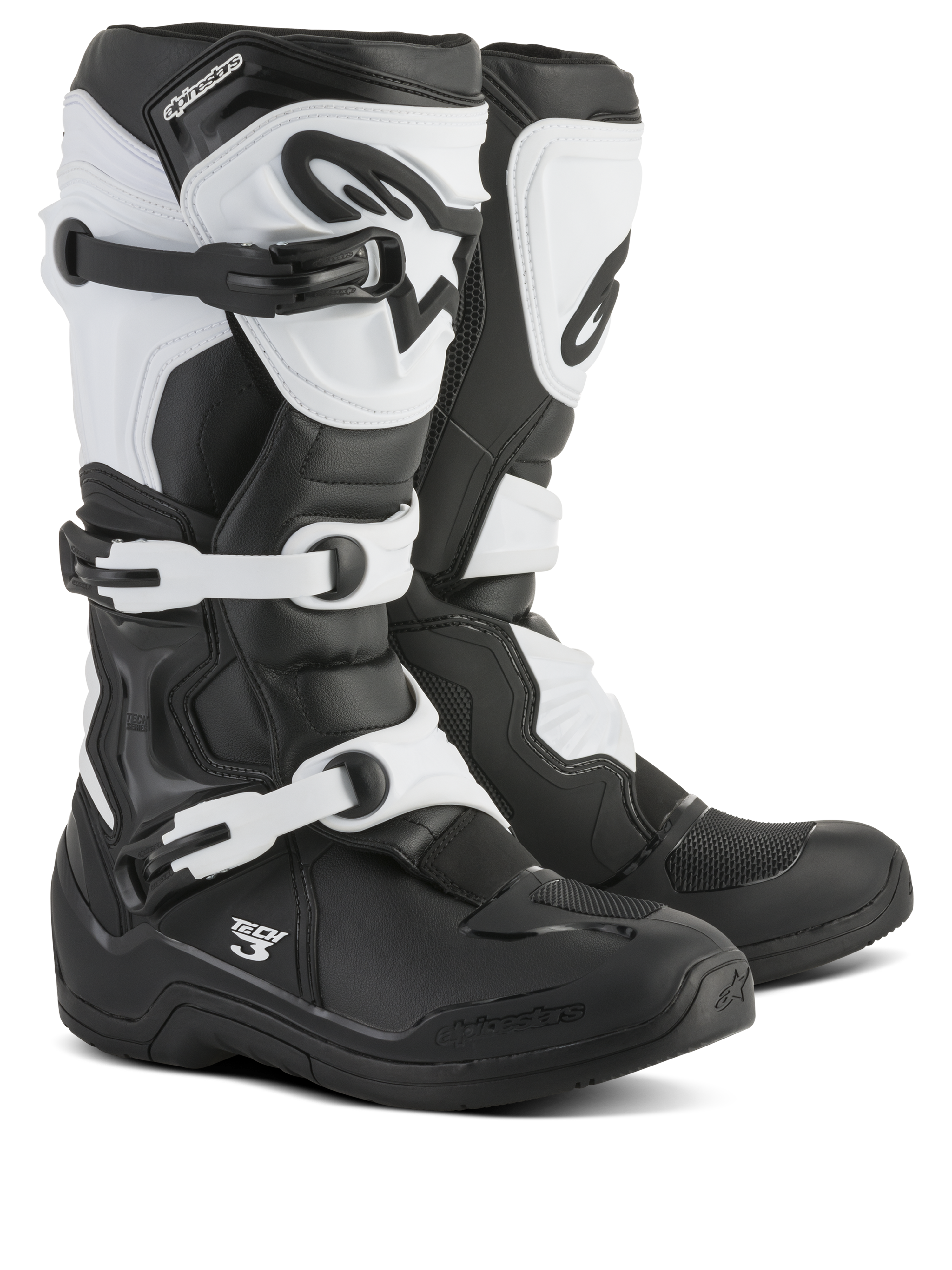 Alpinestars Tech 3 Stiefel, Motocross-Stiefel, Schwarz und Weiß, mit einem Dreifach-Schnallen-Verschlusssystem, schützender TPU-Schienbeinplatte und Fersenkappe, langlebige Mikrofaser- und Synthetikkonstruktion für den Offroad-Rennsport