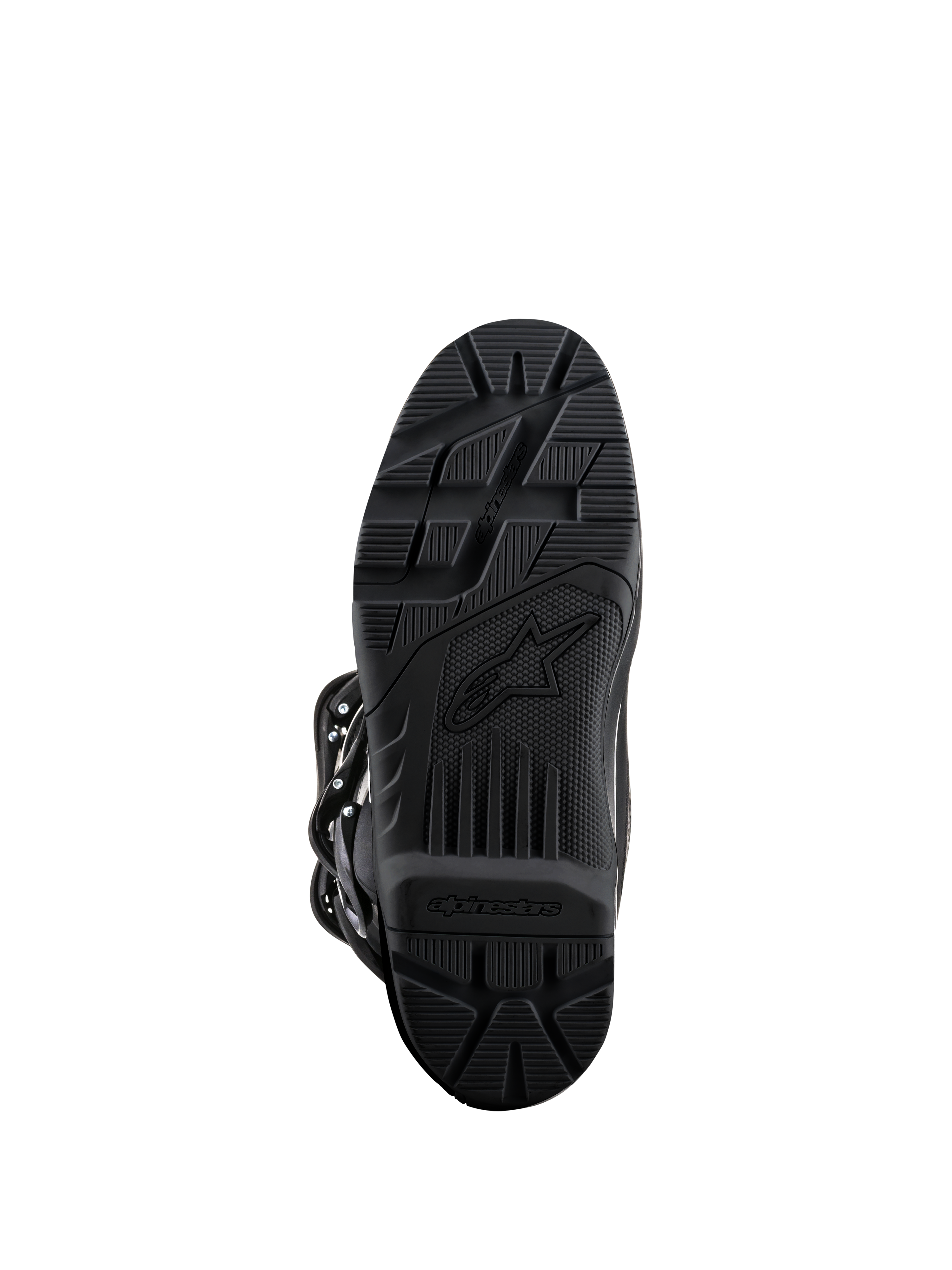 Alpinestars Tech 3 Enduro Boots, Black, bottom sole view, high-grip rubber compound with textured tread pattern for off-road durability, featuring Alpinestars branding