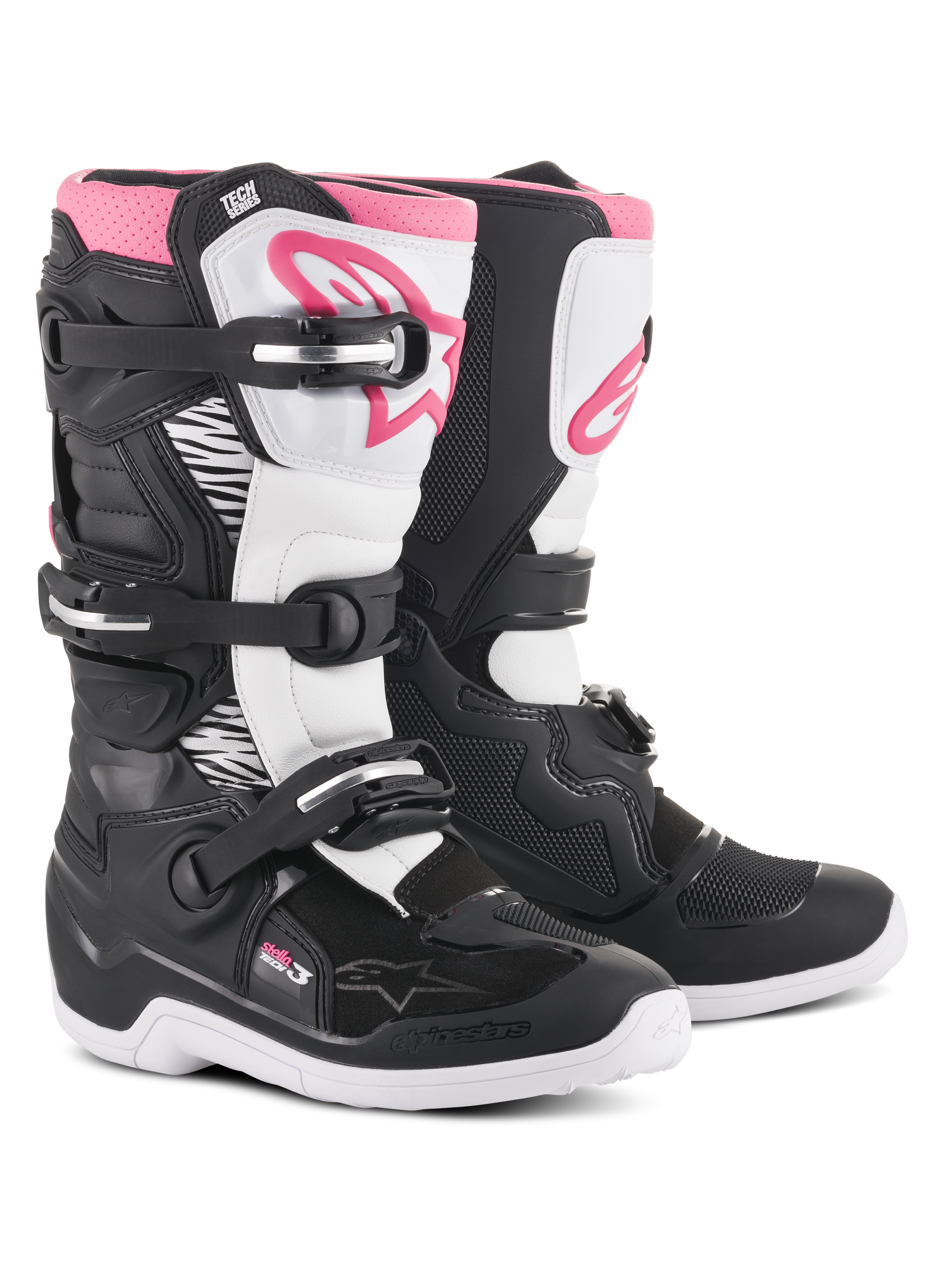 Alpinestars Stella Tech 3 Stiefel, Damen-Motocross-Stiefel, Schwarz, Weiß und Pink, mit einer weißen Schienbeinplatte mit pinkfarbenem Alpinestars-Logo, schwarzem Chassis mit weißen Flexzonen und einem Drei-Schnallen-Verschlusssystem.