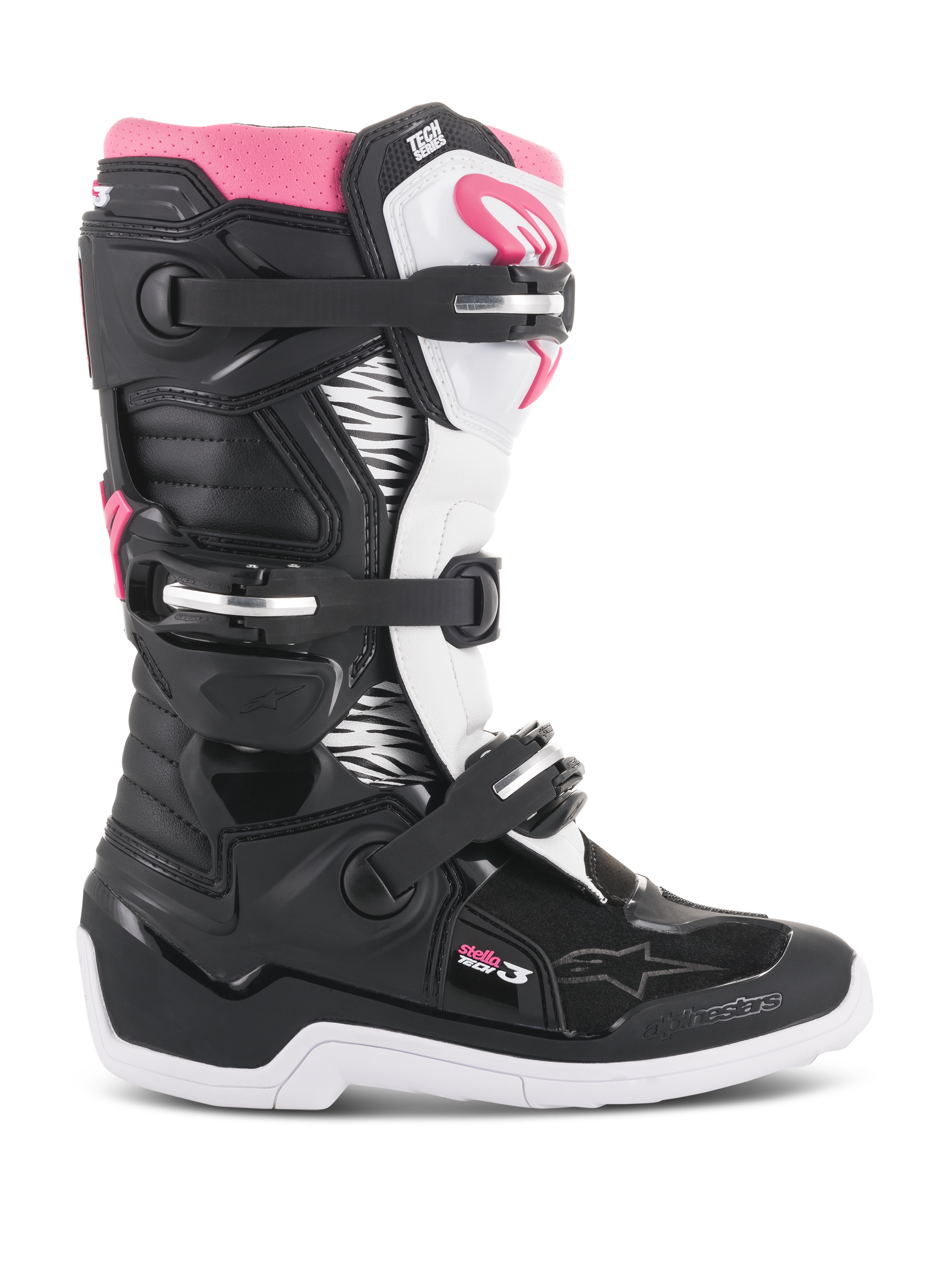 Alpinestars Women Stella Tech 3 Boots, Motocross Boots, Black White and Pink, side profile view showing the three-buckle closure system, zebra-print graphic panels, TPU shin protection, and white rubber outsole for off-road riding