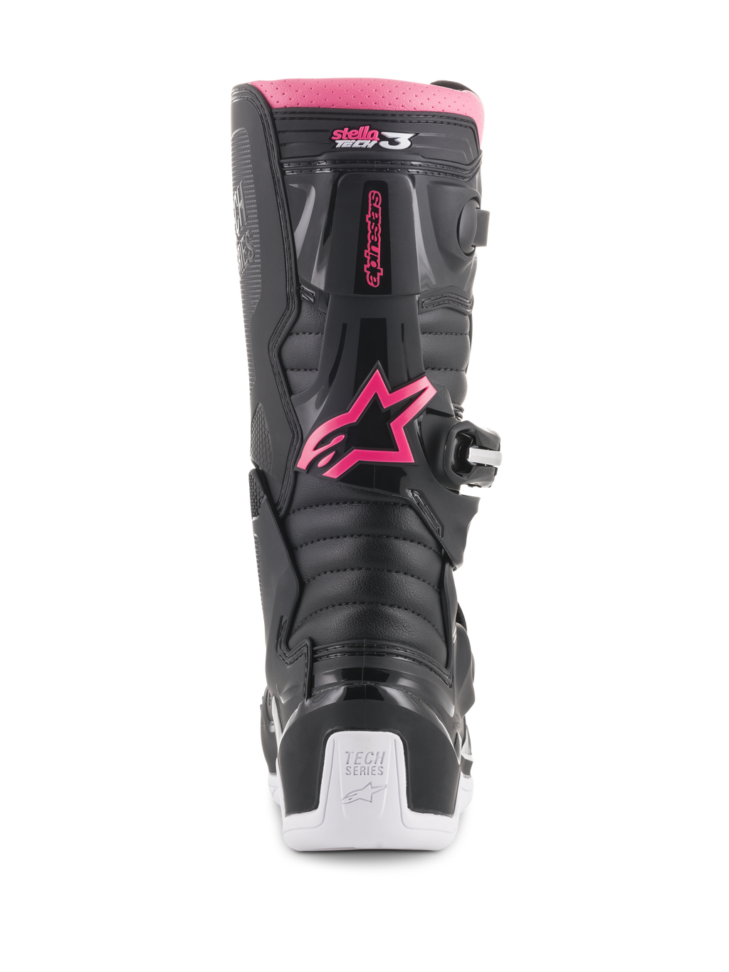 Alpinestars Stella Tech 3 Damenstiefel, Motocross-Stiefel, Schwarz, Weiß und Pink, Rückansicht mit pinkfarbenem Alpinestars Stern-Logo, pinkfarbenem oberem Rand, schwarzen strukturierten Paneelen und weißer Ferse mit Tech Series-Branding.