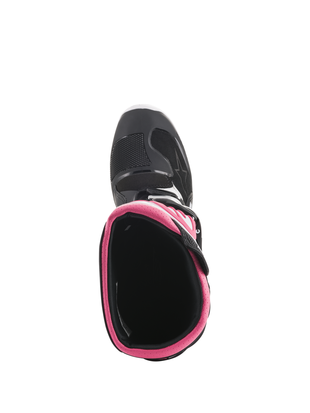 Alpinestars Stella Tech 3 Damenstiefel, Motocross-Stiefel, Schwarz, Weiß und Pink, Draufsicht mit pinkfarbenem Innenkragen und Zehenbereich, strapazierfähiges Schuhwerk für den Offroad-Rennsport