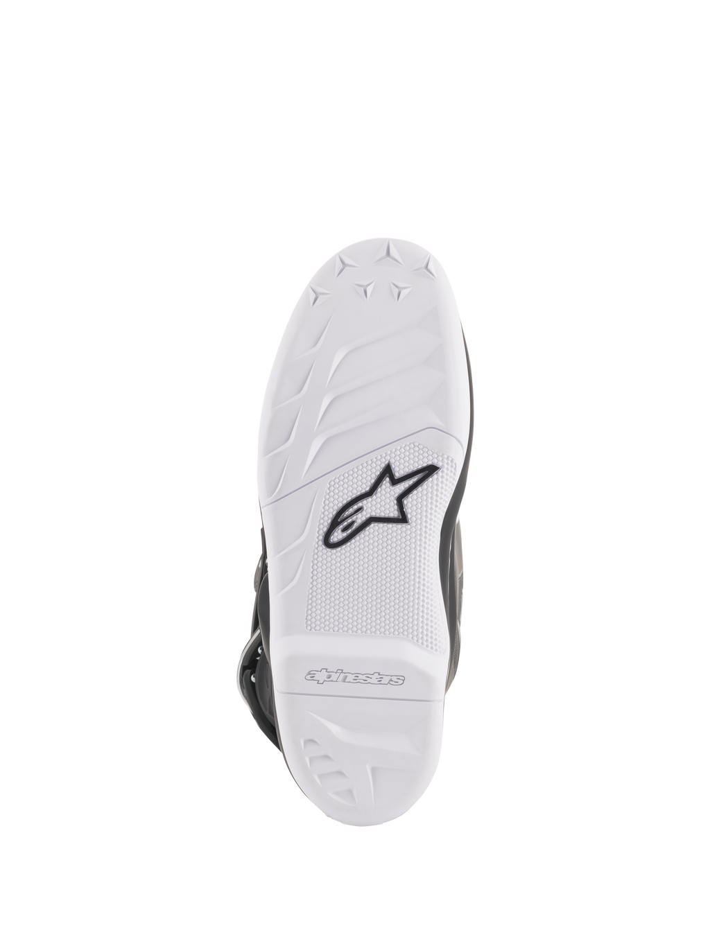 Alpinestars Stella Tech 3 Damenstiefel, Sohlenansicht, weiße Gummimischung mit schwarzem Astar-Logo, strukturierte Gripmuster und geprägtes Branding, langlebige und austauschbare Motocross-Stiefelsohle