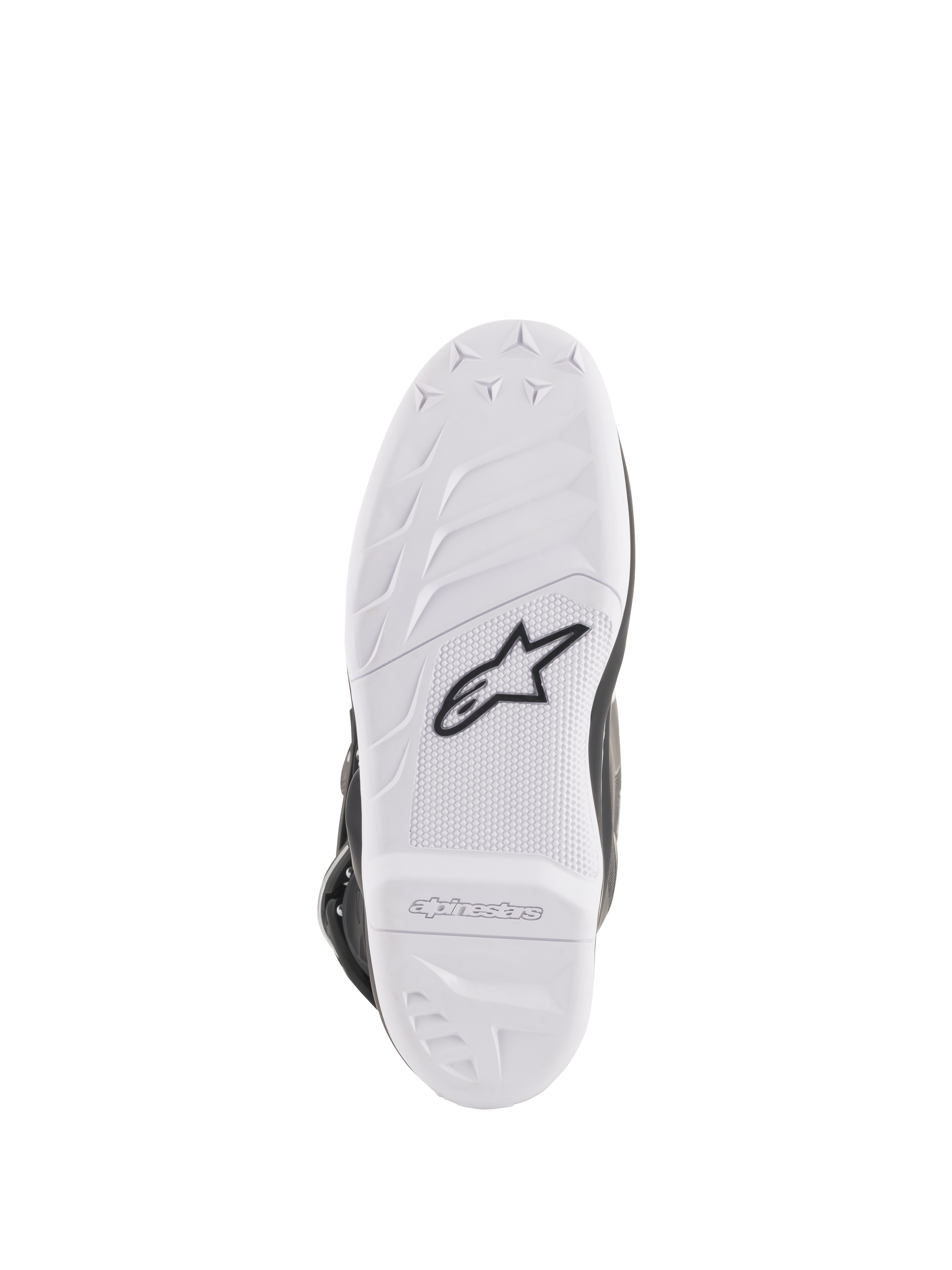 Alpinestars Stella Tech 3 Damenstiefel, Sohlenansicht, weiße Gummimischung mit schwarzem Astar-Logo, strukturierte Gripmuster und geprägtes Branding, langlebige und austauschbare Motocross-Stiefelsohle