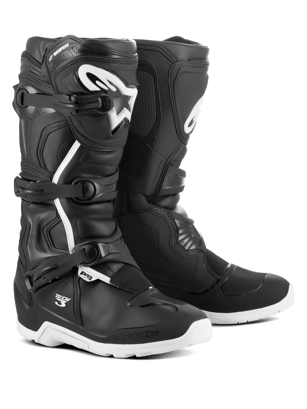 Alpinestars Tech 3 Enduro wasserdichte Stiefel, Motocross- und Offroad-Stiefel, Schwarz und Weiß, mit Drei-Schnallen-Verschlusssystem, weißem TPU-Logo am Schienbein, verstärktem Knöchel- und Fersenschutz und strapazierfähigen weißen Sohlen.