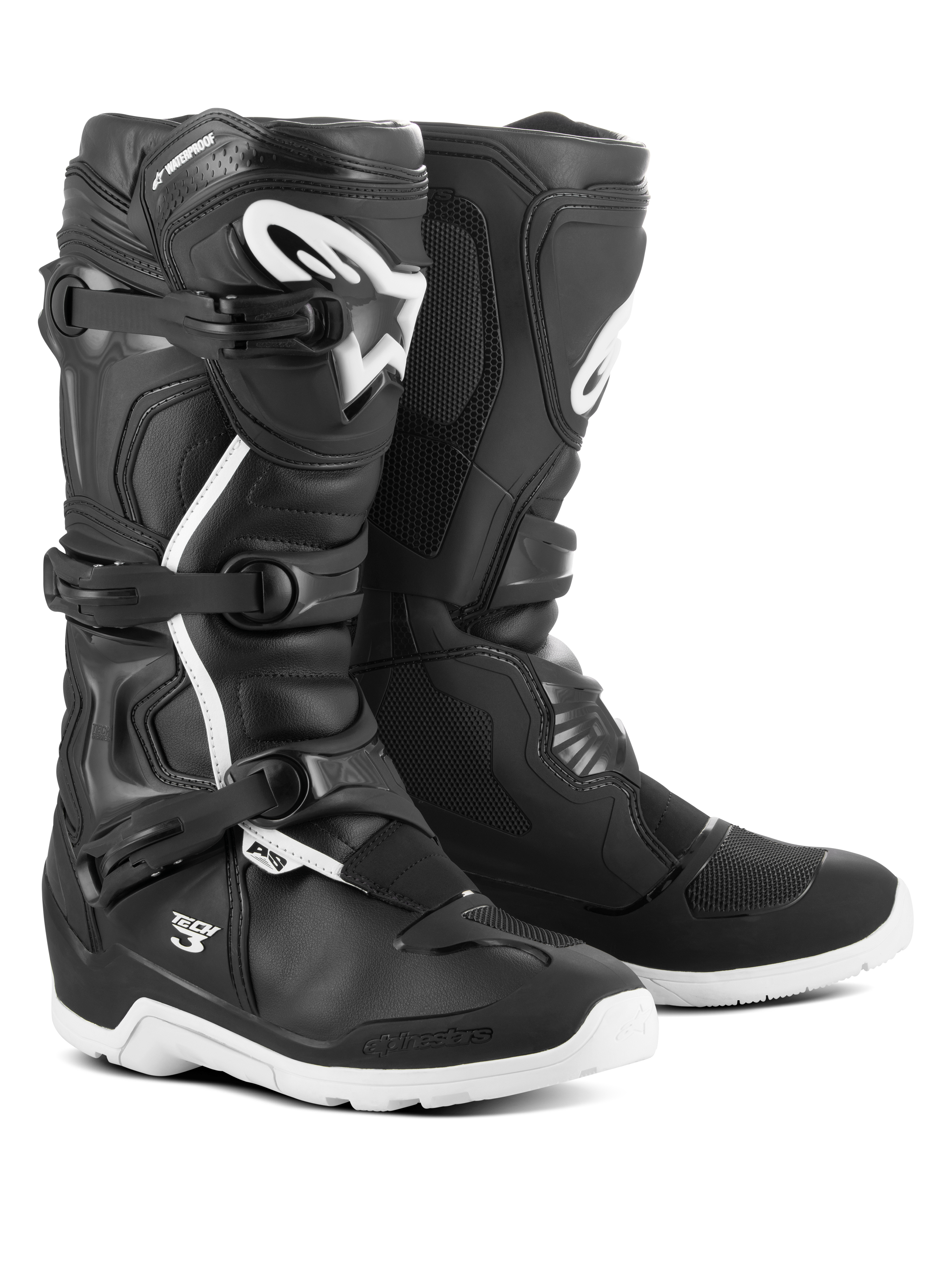 Alpinestars Tech 3 Enduro wasserdichte Stiefel, Motocross- und Offroad-Stiefel, Schwarz und Weiß, mit Drei-Schnallen-Verschlusssystem, weißem TPU-Logo am Schienbein, verstärktem Knöchel- und Fersenschutz und strapazierfähigen weißen Sohlen.