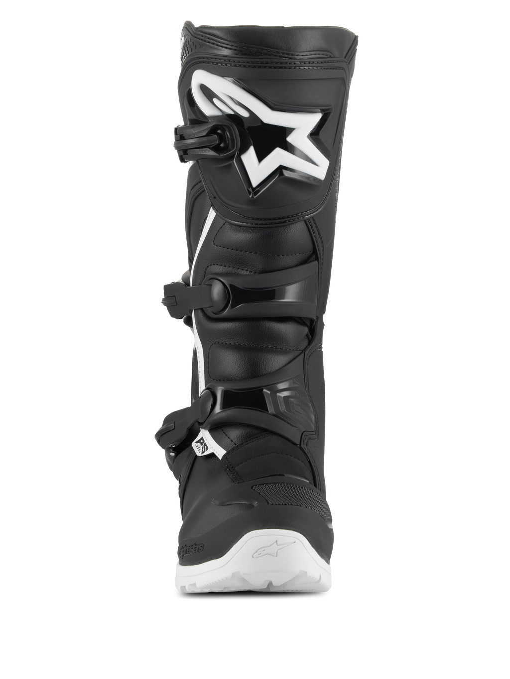 Alpinestars Tech 3 Enduro Waterproof Stiefel, Motocross- und Enduro-Stiefel, Schwarz und Weiß, Frontansicht mit einem großen weißen Stern-Logo auf der TPU-Schienbeinplatte, Dreifach-Schnallen-Verschlusssystem und robuster weißer Sohle für Offroad-Traktion.