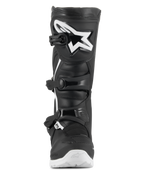 Alpinestars Tech 3 Enduro Waterproof Stiefel, Motocross- und Enduro-Stiefel, Schwarz und Weiß, Frontansicht mit einem großen weißen Stern-Logo auf der TPU-Schienbeinplatte, Dreifach-Schnallen-Verschlusssystem und robuster weißer Sohle für Offroad-Traktion.