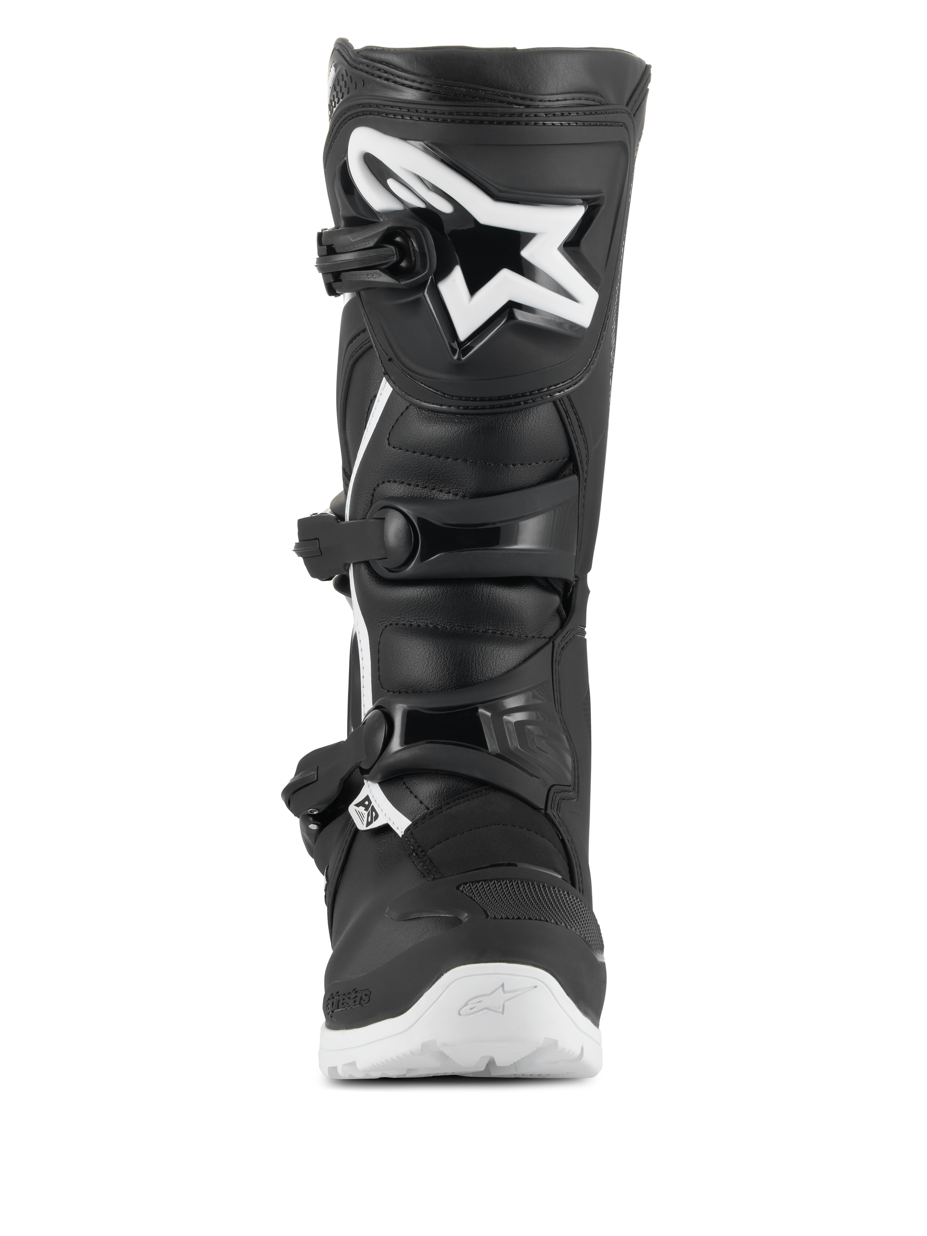 Alpinestars Tech 3 Enduro Waterproof Stiefel, Motocross- und Enduro-Stiefel, Schwarz und Weiß, Frontansicht mit einem großen weißen Stern-Logo auf der TPU-Schienbeinplatte, Dreifach-Schnallen-Verschlusssystem und robuster weißer Sohle für Offroad-Traktion.