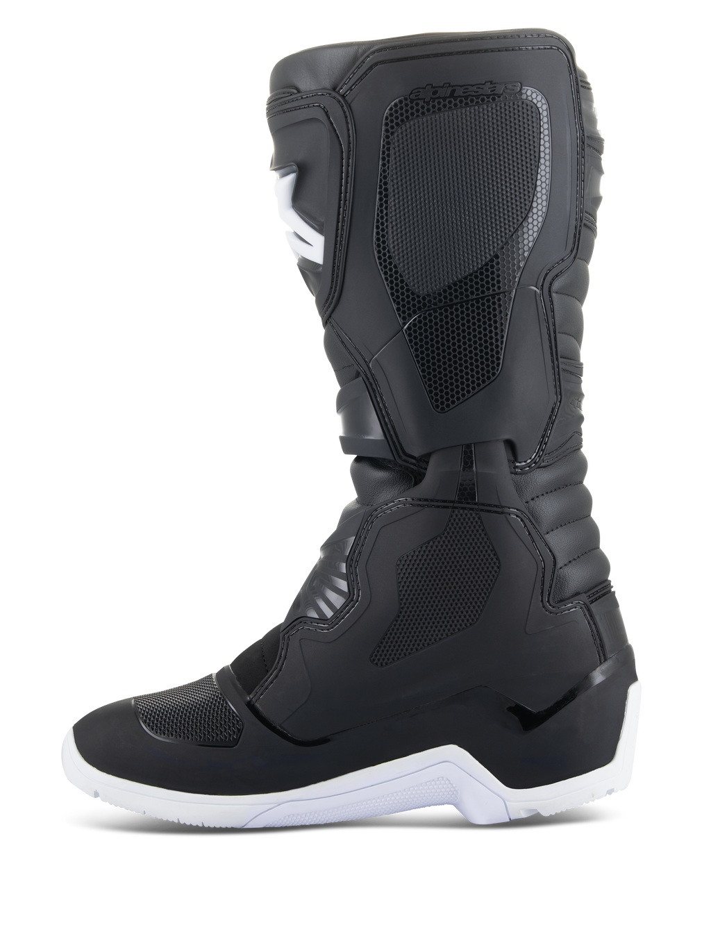 Alpinestars Tech 3 Enduro wasserdichte Stiefel, Motocross- und Enduro-Stiefel, Schwarz und Weiß, Seitenprofil-Ansicht mit texturierten Schutzpaneelen, weißer robuster Sohle und wasserdichtem Synthetik-Obermaterial für Offroad-Fahrten