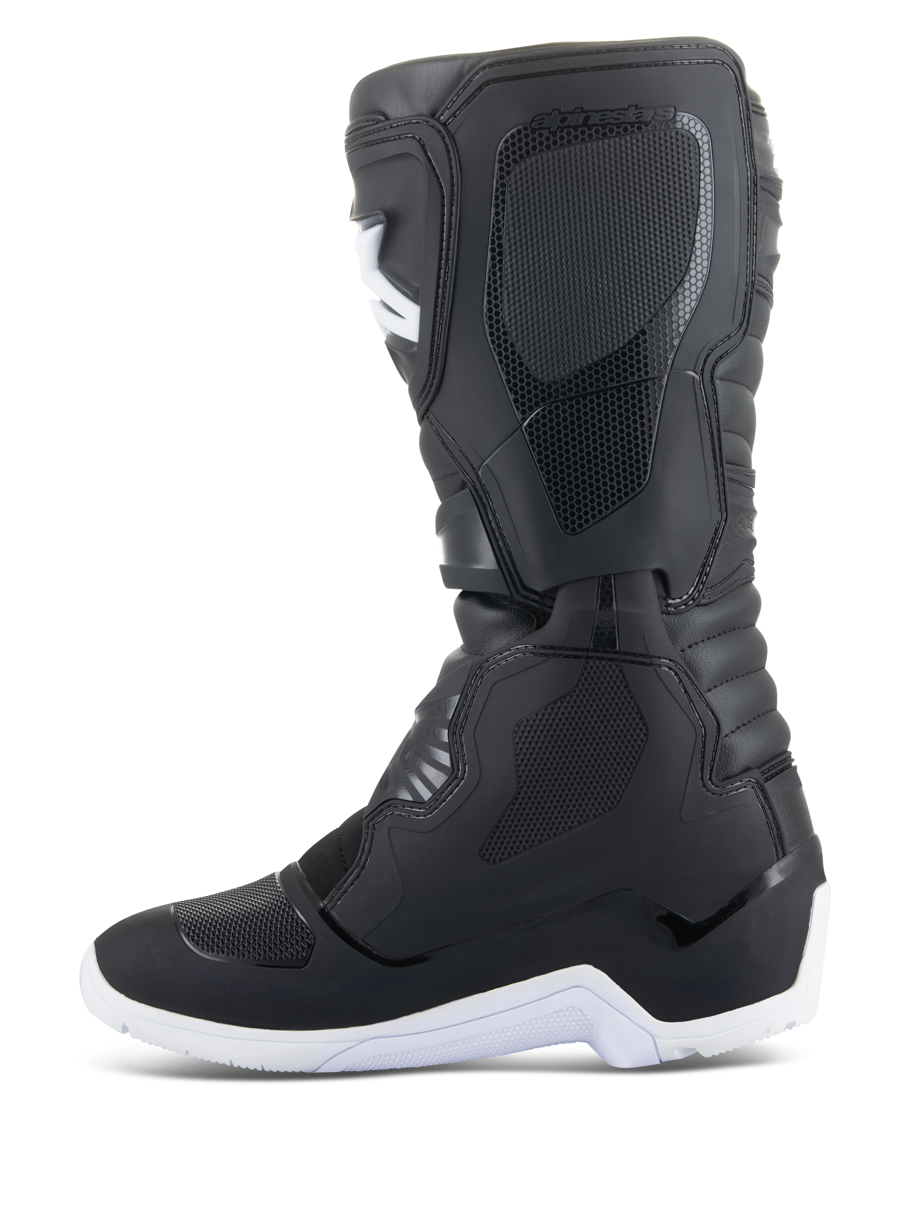 Alpinestars Tech 3 Enduro wasserdichte Stiefel, Motocross- und Enduro-Stiefel, Schwarz und Weiß, Seitenprofil-Ansicht mit texturierten Schutzpaneelen, weißer robuster Sohle und wasserdichtem Synthetik-Obermaterial für Offroad-Fahrten