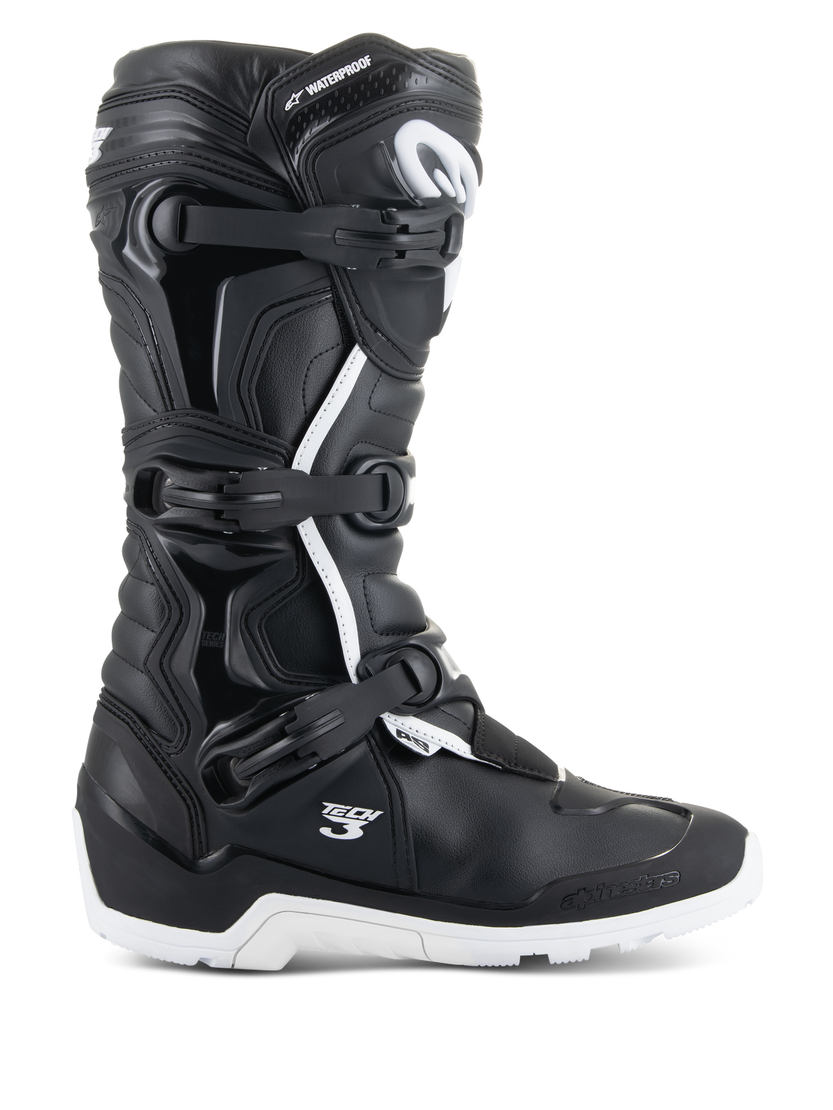 Alpinestars Tech 3 Enduro Waterproof Stiefel, Profilansicht, Schwarz und Weiß, mit Dreifach-Schnallen-Verschlusssystem, verstärkten TPU-Schutzpaneelen, robuster weißer Sohle, „Tech 3“- und „Waterproof“-Branding, langlebiges Schuhwerk für Offroad- und Adventure-Motorradsport