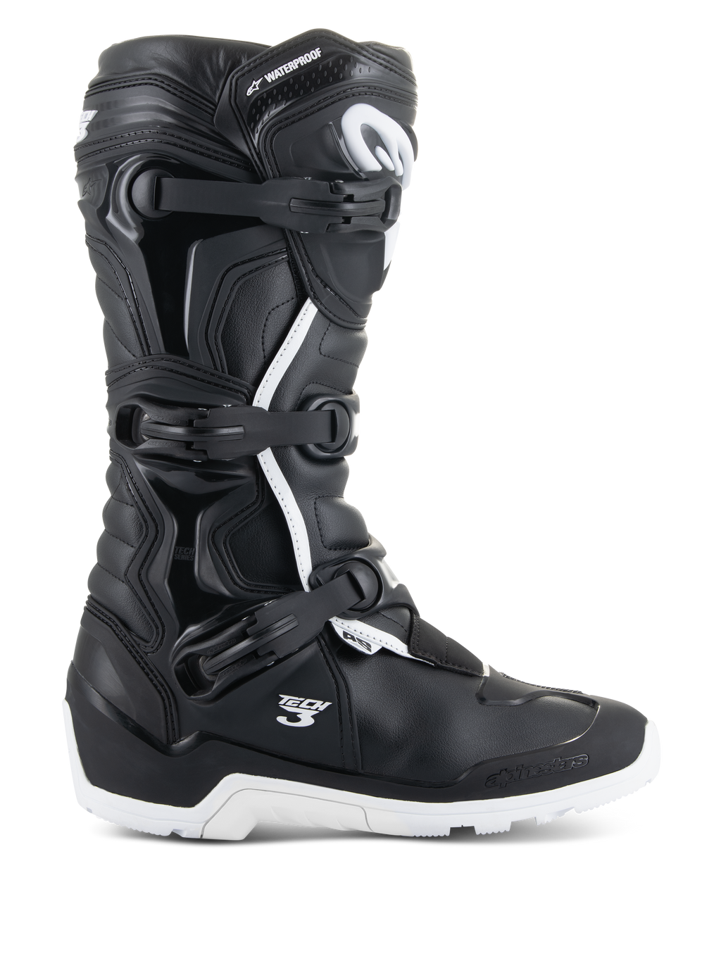 Alpinestars Tech 3 Enduro Waterproof Stiefel, Profilansicht, Schwarz und Weiß, mit Dreifach-Schnallen-Verschlusssystem, verstärkten TPU-Schutzpaneelen, robuster weißer Sohle, „Tech 3“- und „Waterproof“-Branding, langlebiges Schuhwerk für Offroad- und Adventure-Motorradsport