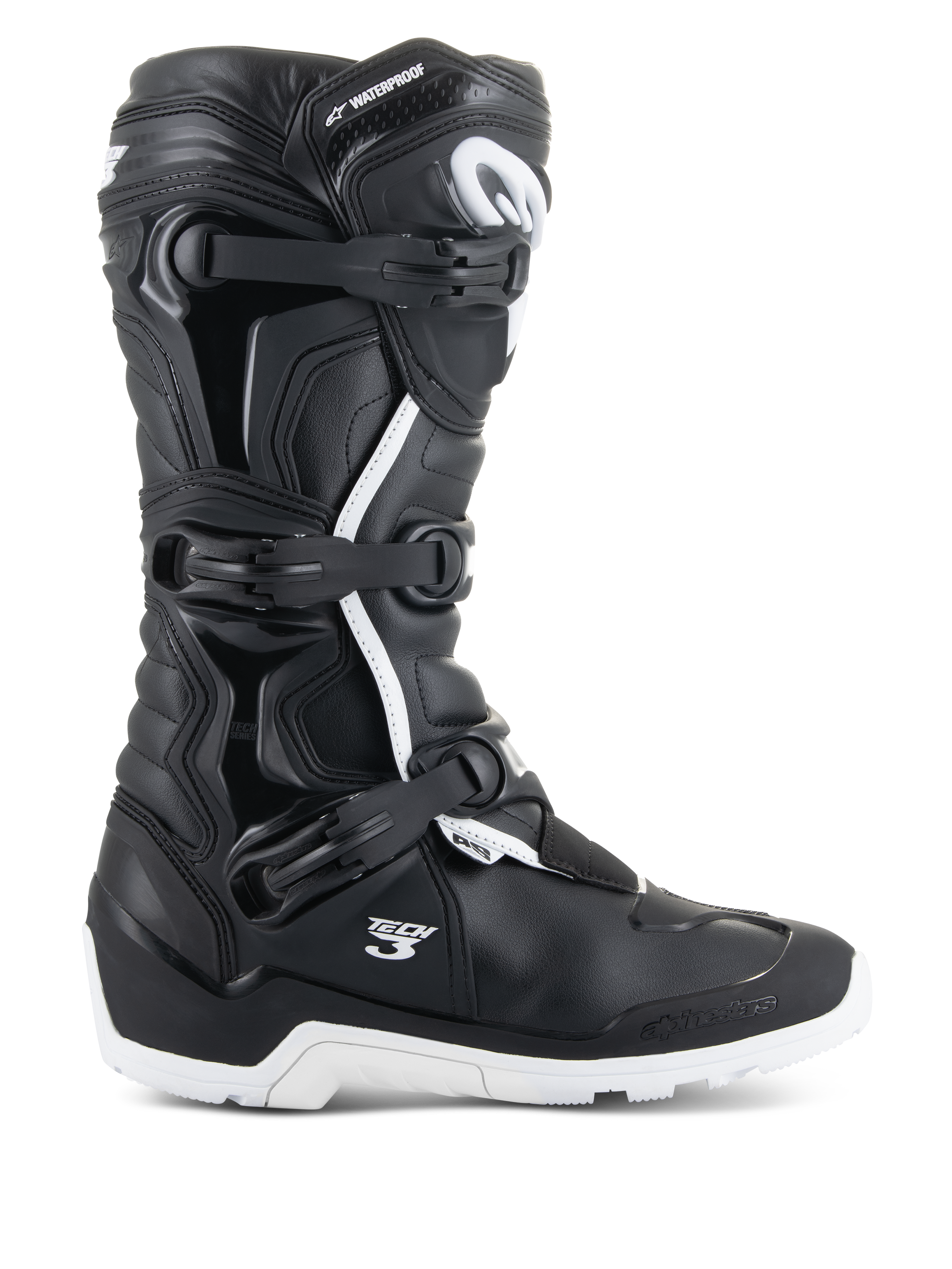 Alpinestars Tech 3 Enduro Waterproof Stiefel, Profilansicht, Schwarz und Weiß, mit Dreifach-Schnallen-Verschlusssystem, verstärkten TPU-Schutzpaneelen, robuster weißer Sohle, „Tech 3“- und „Waterproof“-Branding, langlebiges Schuhwerk für Offroad- und Adventure-Motorradsport