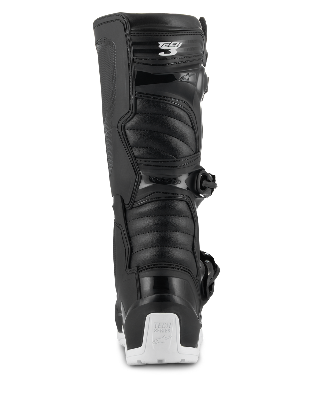 Alpinestars Tech 3 Enduro Waterproof Stiefel, Motocross- und Enduro-Stiefel, Schwarz und Weiß, Rückansicht mit Tech 3 Logo an der Wade, Akkordeon-Flex-Panele und weißem Fersenprotektor mit Tech Series Branding, entwickelt für Offroad- und Adventure-Fahrten