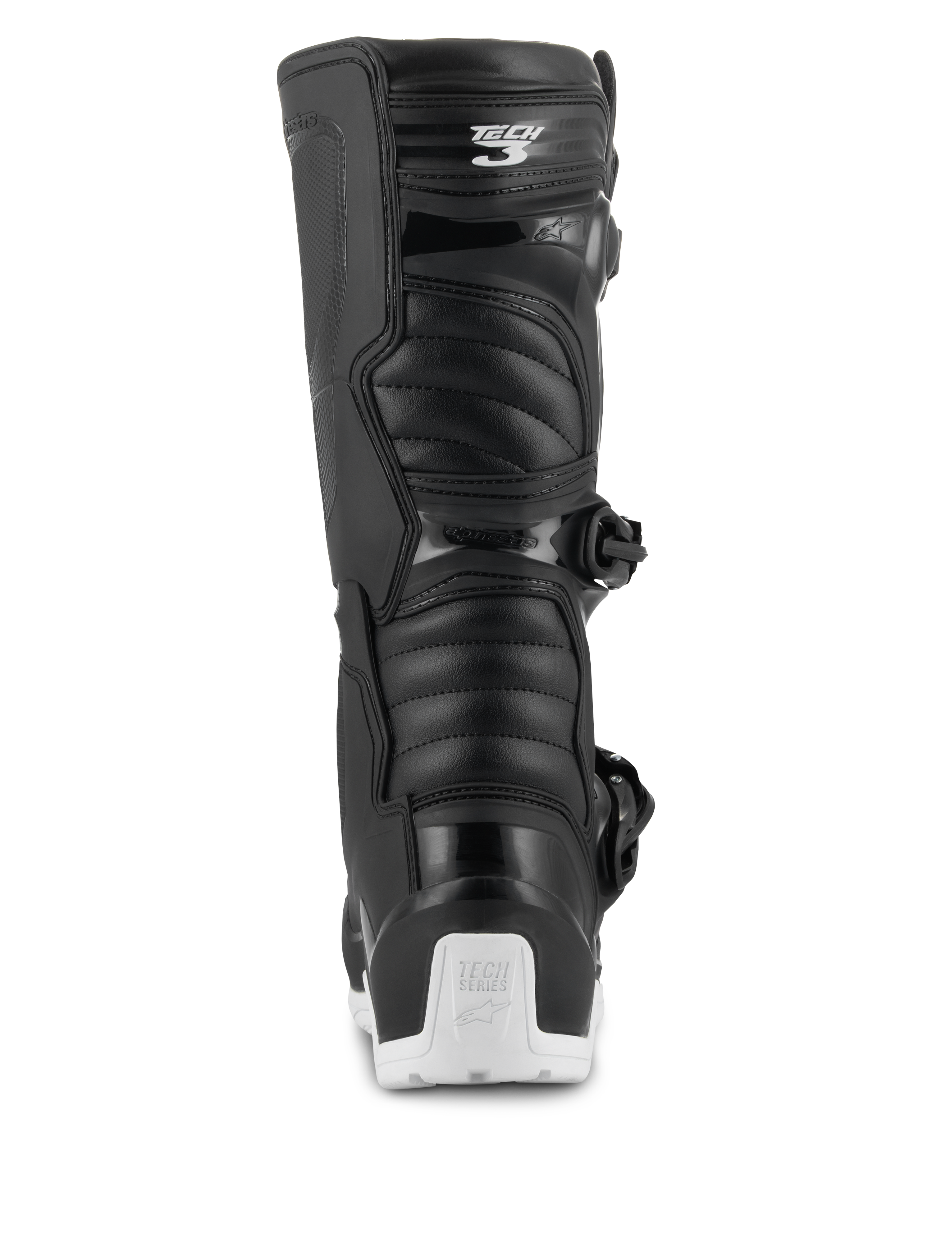 Alpinestars Tech 3 Enduro Waterproof Stiefel, Motocross- und Enduro-Stiefel, Schwarz und Weiß, Rückansicht mit Tech 3 Logo an der Wade, Akkordeon-Flex-Panele und weißem Fersenprotektor mit Tech Series Branding, entwickelt für Offroad- und Adventure-Fahrten