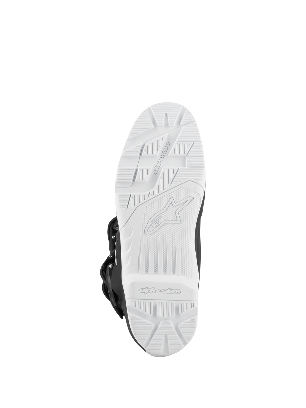 Alpinestars Tech 3 Enduro Waterproof Stiefel, Schwarz und Weiß, Unteransicht der weißen griffigen Stollensohle, Offroad-Traktionsprofil mit geprägtem Logo, strapazierfähige Außensohle für Motocross- und Enduro-Performance.