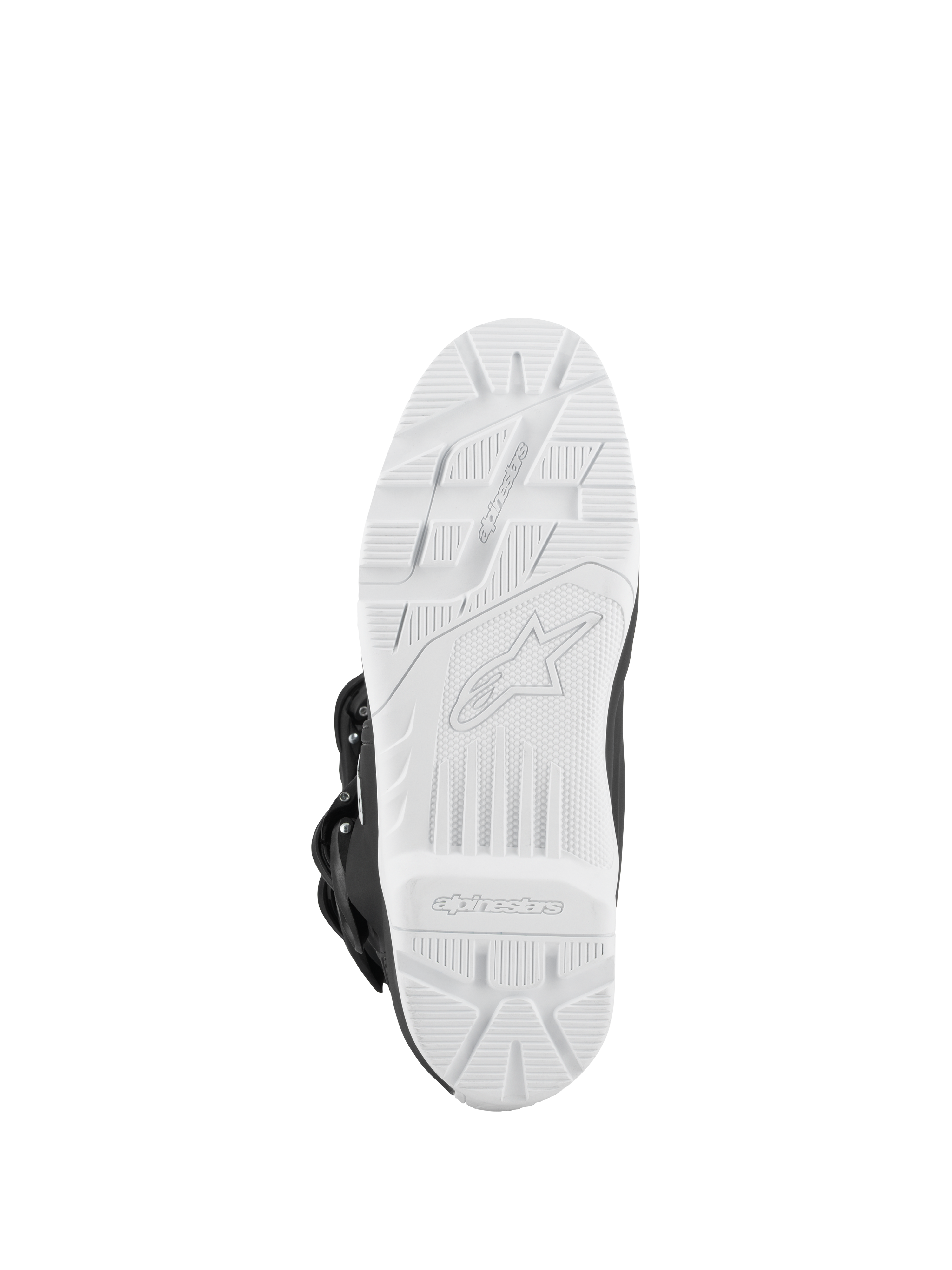 Alpinestars Tech 3 Enduro Waterproof Stiefel, Schwarz und Weiß, Unteransicht der weißen griffigen Stollensohle, Offroad-Traktionsprofil mit geprägtem Logo, strapazierfähige Außensohle für Motocross- und Enduro-Performance.