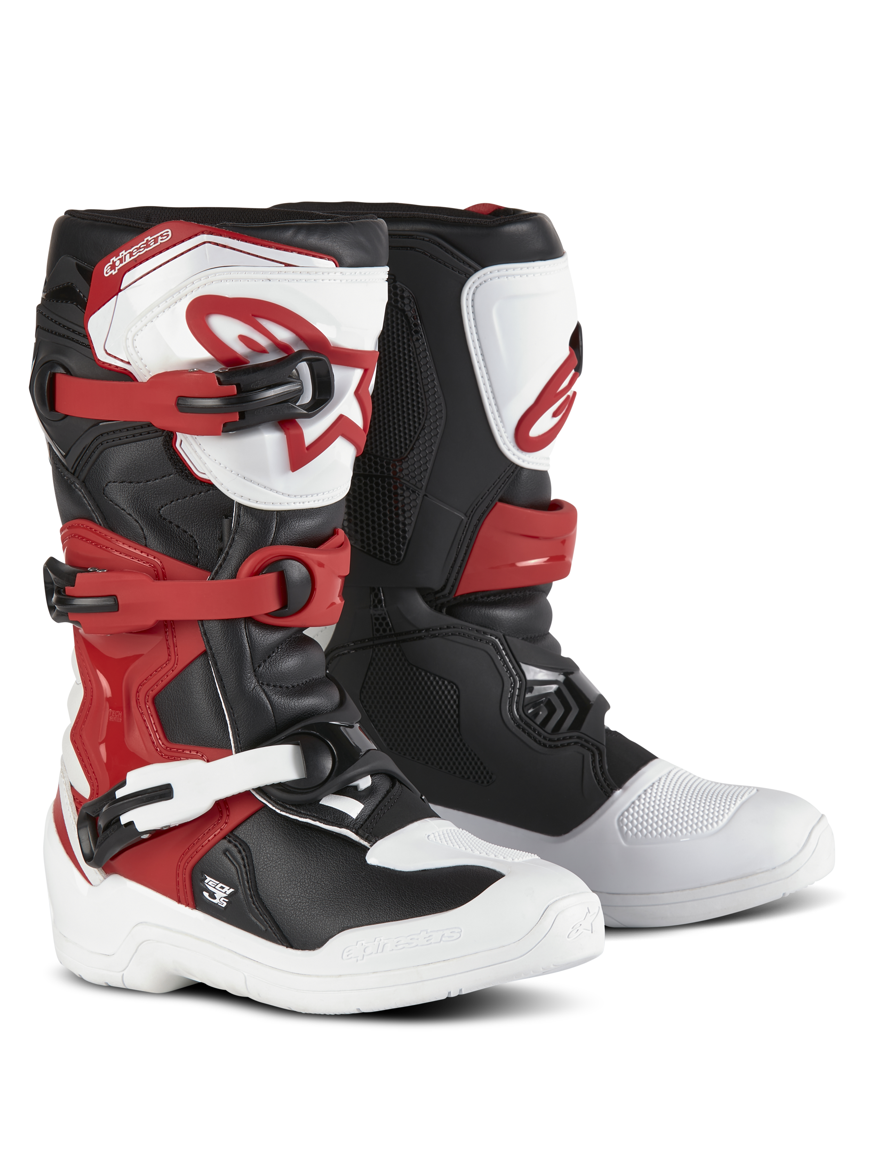 Alpinestars Youth Tech 3S Stiefel, Motocross-Stiefel, Weiß, Schwarz und Bright Red, Drei-Schnallen-Verschlusssystem, TPU-Schienbeinplatte mit Alpinestars-Logo, strapazierfähiges Mikrofaser-Obermaterial und verstärkte Fußschale für Offroad-Performance
