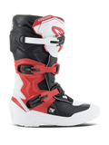 Alpinestars Youth Tech 3S Stiefel, Motocross-Stiefel, Weiß, Schwarz und Hellrot, Seitenansicht, mit einem Mehrfach-Schnallenverschlusssystem, verstärkter Schienbeinplatte und strapazierfähiger weißer Sohle, Junior-Offroad-Schutzausrüstung