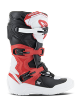 Alpinestars Youth Tech 3S Stiefel, Motocross-Stiefel, Weiß, Schwarz und Hellrot, Seitenansicht, mit einem Mehrfach-Schnallenverschlusssystem, verstärkter Schienbeinplatte und strapazierfähiger weißer Sohle, Junior-Offroad-Schutzausrüstung