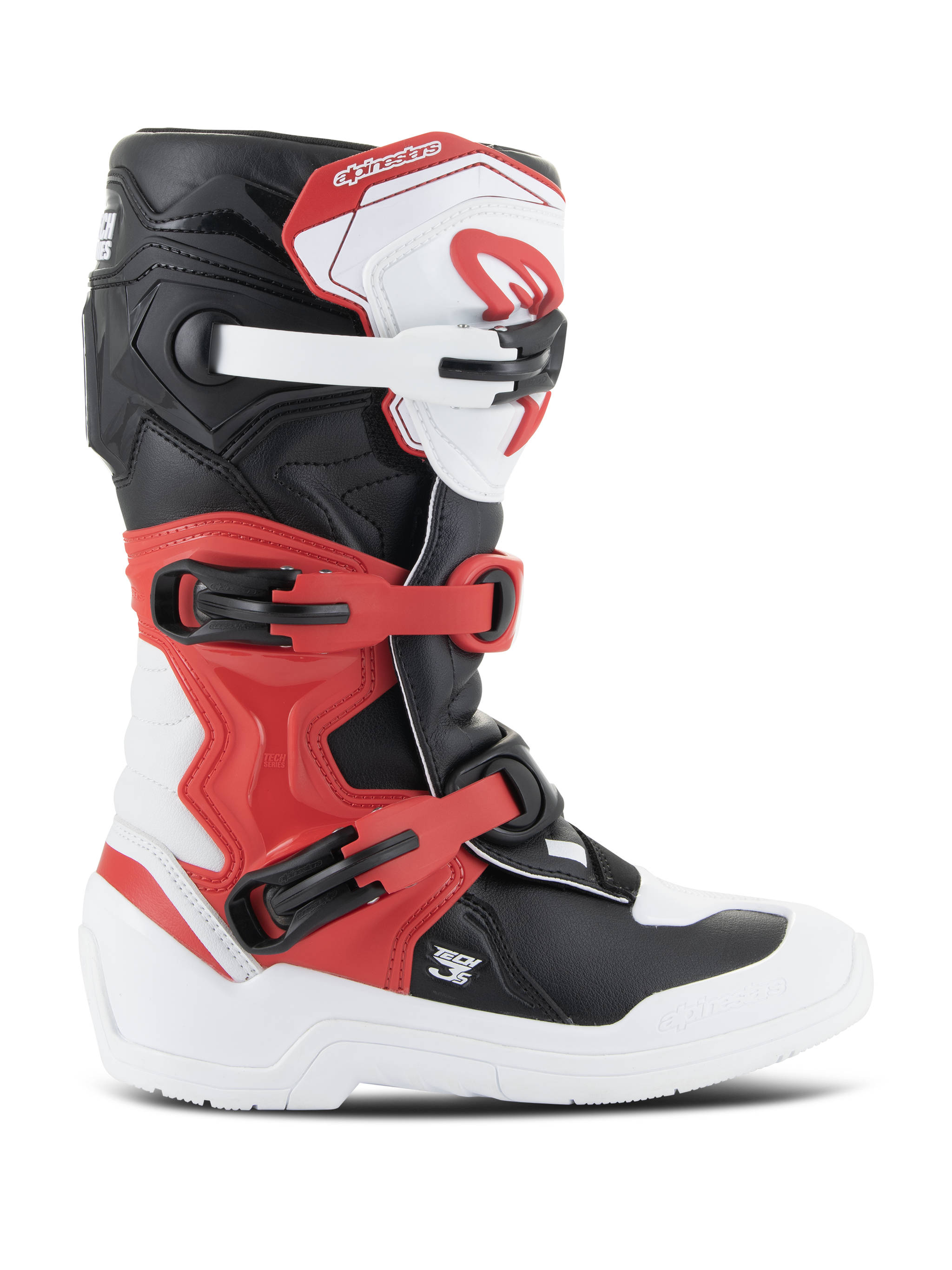 Alpinestars Youth Tech 3S Stiefel, Motocross-Stiefel, Weiß, Schwarz und Hellrot, Seitenansicht, mit einem Mehrfach-Schnallenverschlusssystem, verstärkter Schienbeinplatte und strapazierfähiger weißer Sohle, Junior-Offroad-Schutzausrüstung