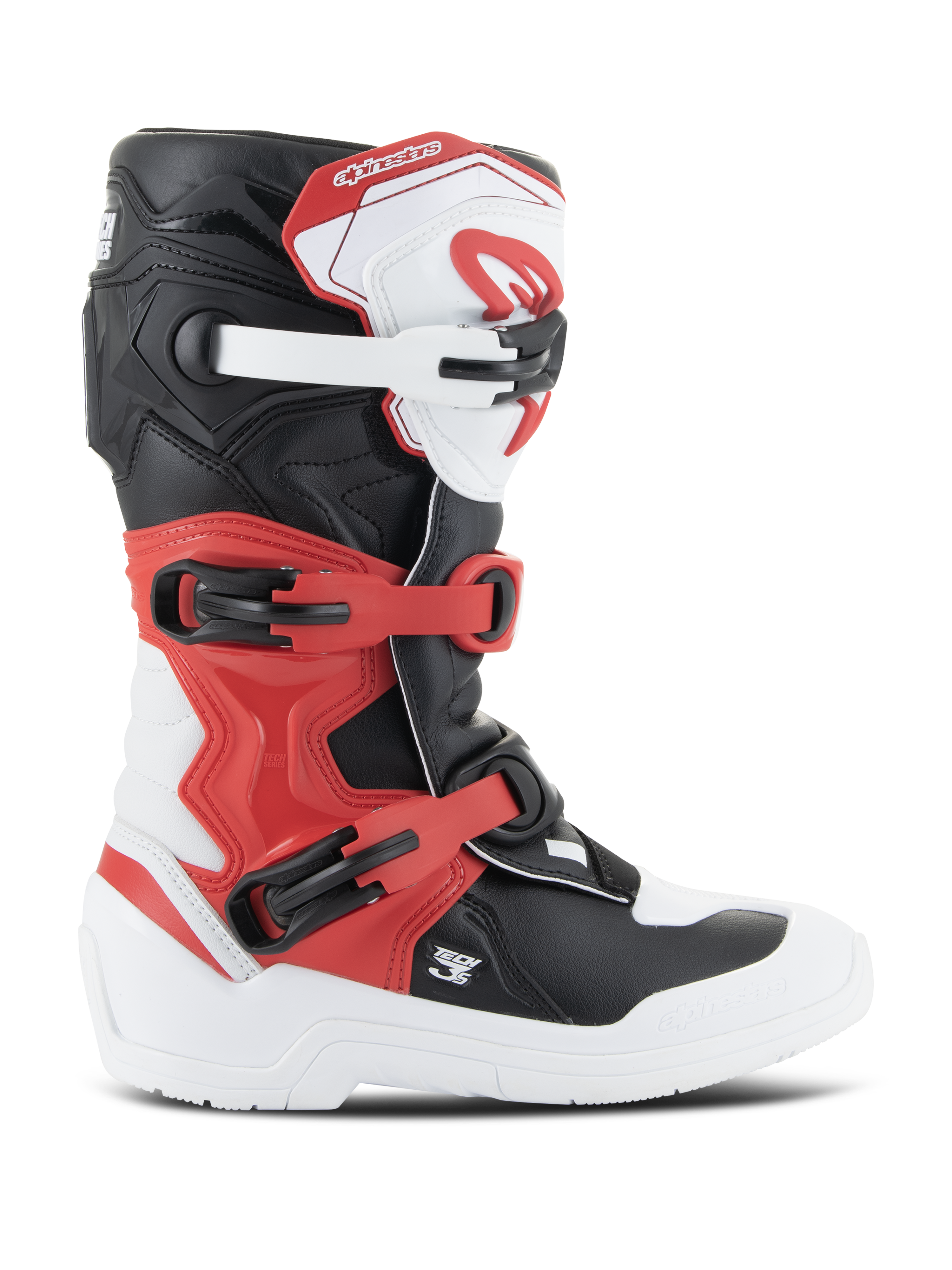 Alpinestars Youth Tech 3S Boots, Motocross Boots, White Black and Bright Red, side profile view, featuring a multi-buckle closure system, reinforced shin plate, and durable white sole, junior off-road protective gear