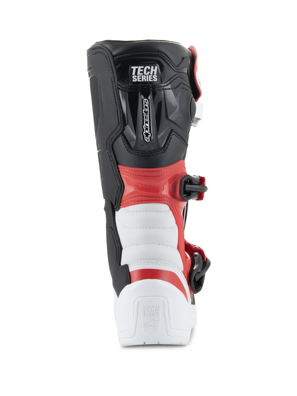 Alpinestars Youth Tech 3S Stiefel, Motocross-Stiefel, Weiß, Schwarz und leuchtendes Rot, Rückansicht mit „TECH SERIES“-Branding, verstärkter Fersen- und Wadenschutz, langlebige Mikrofaser-Konstruktion für Offroad-Rennsport
