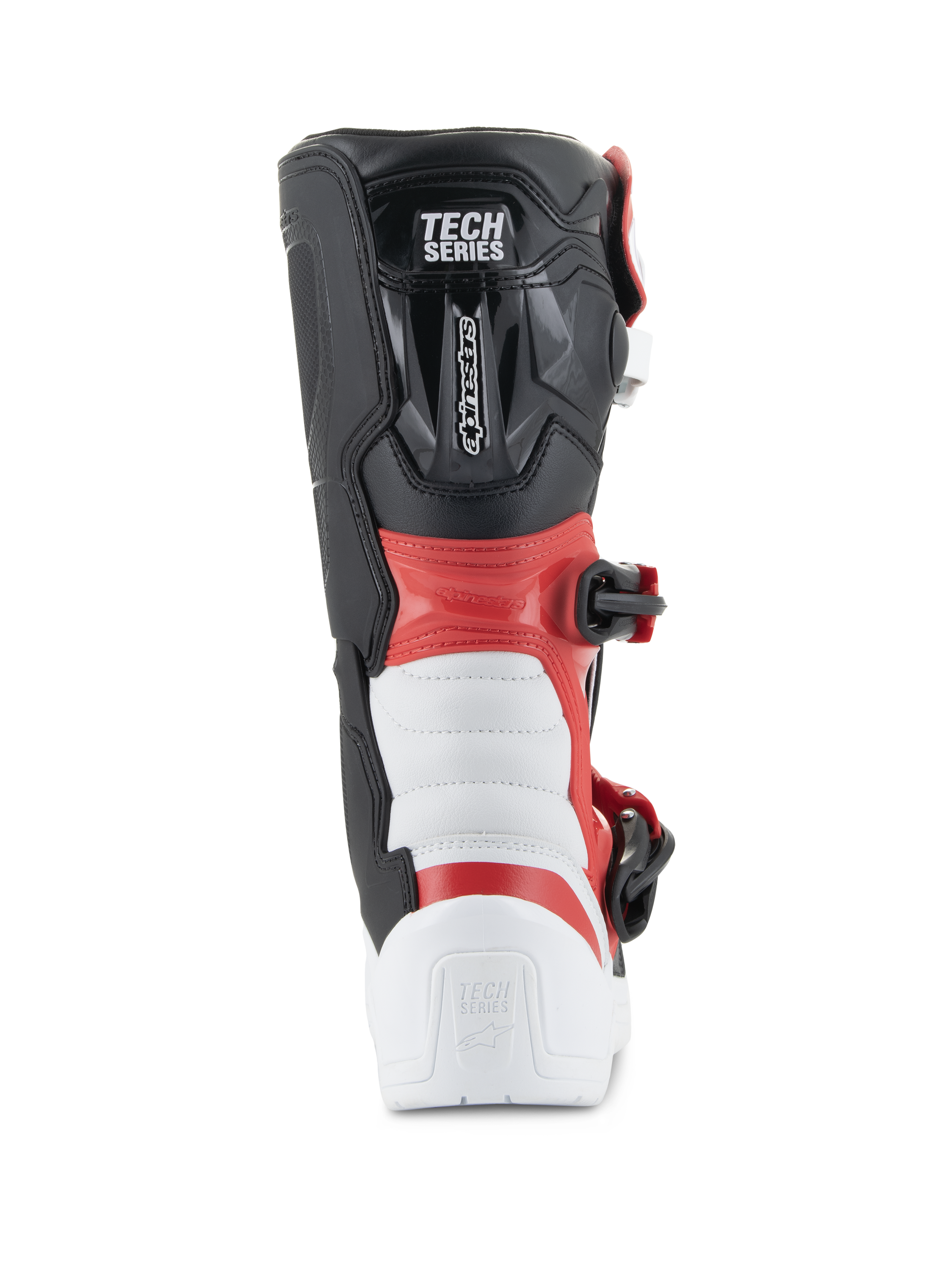 Alpinestars Youth Tech 3S Stiefel, Motocross-Stiefel, Weiß, Schwarz und leuchtendes Rot, Rückansicht mit „TECH SERIES“-Branding, verstärkter Fersen- und Wadenschutz, langlebige Mikrofaser-Konstruktion für Offroad-Rennsport