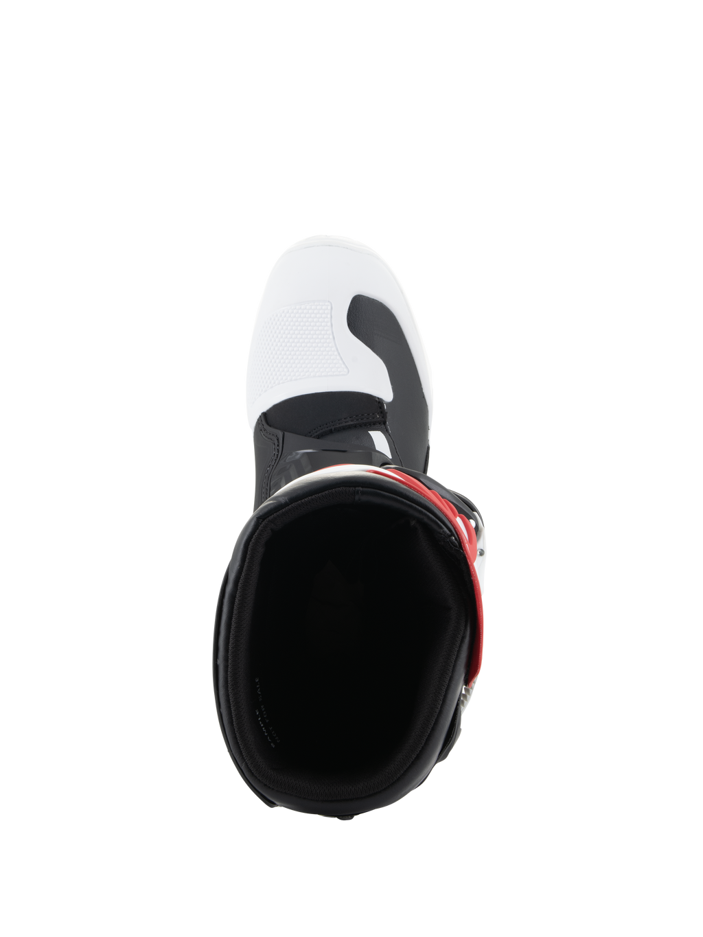 Alpinestars Youth Tech 3S Stiefel, Motocross-Stiefel, Weiß, Schwarz und leuchtendes Rot, Draufsicht mit Blick in die Stiefelöffnung, mit weißer Zehenbox, schwarzen Akzenten und rotem Riemendetail, für junge Fahrer konzipiert.