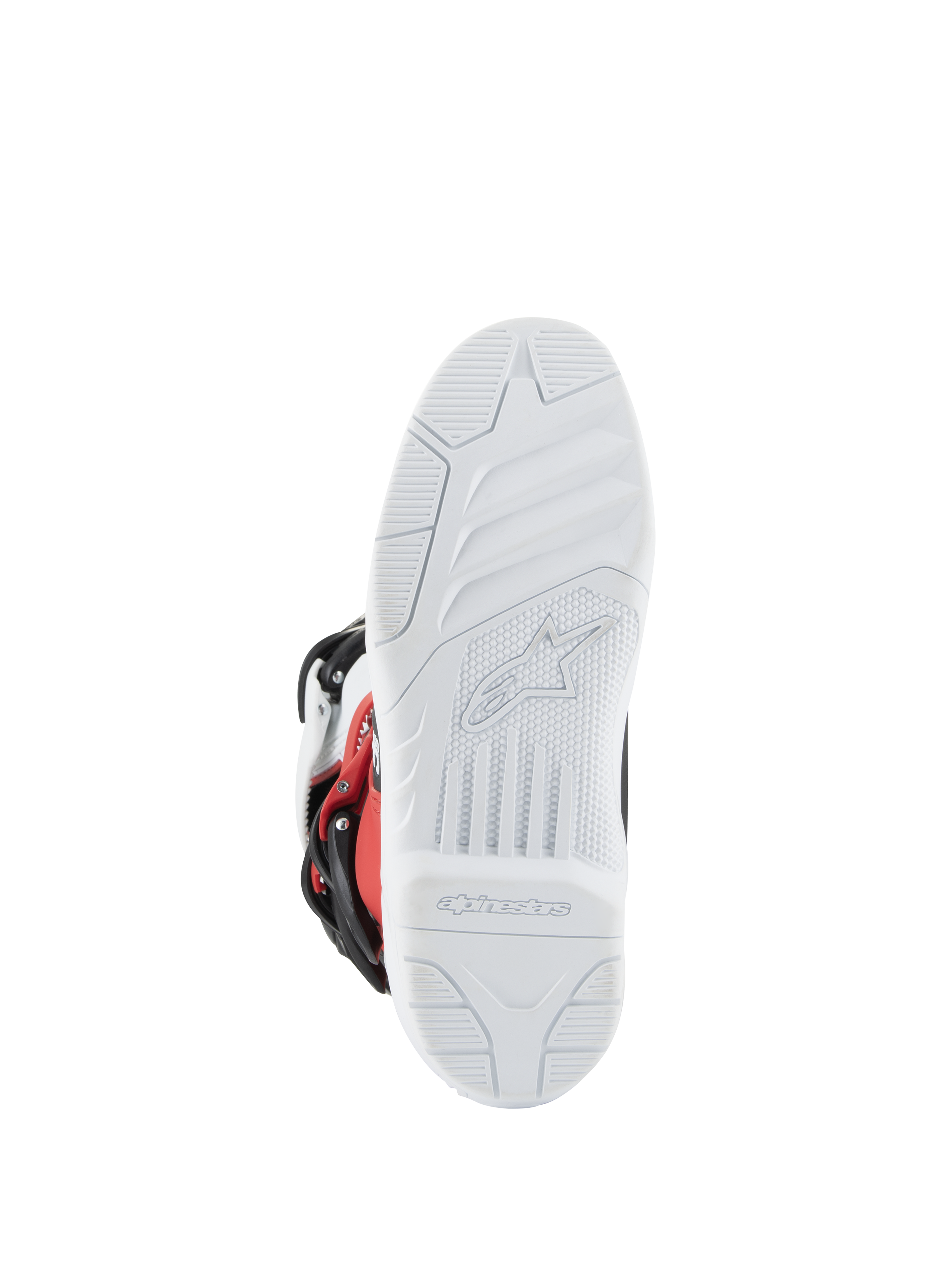 Alpinestars Youth Tech 3S Stiefel, Motocross-Stiefel, Weiß, Schwarz und Bright Red, Sohlenansicht mit weißem strukturiertem Profil, eingeprägtes Alpinestars-Logo und Branding, strapazierfähige Sohle für Offroad-Performance
