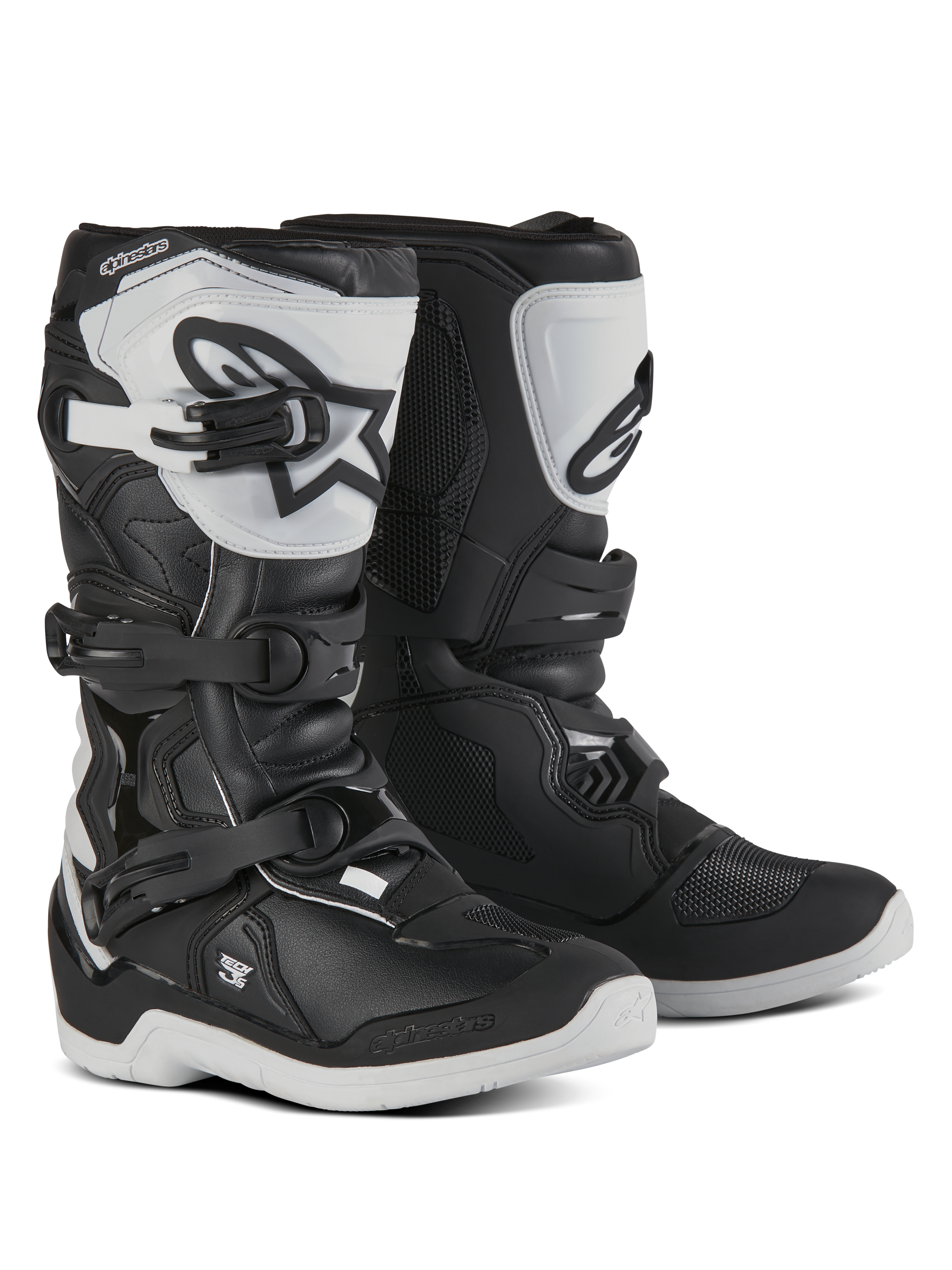 Alpinestars Youth Tech 3S Stiefel, Motocross-Stiefel für junge Fahrer, Schwarz und Weiß, mit drei verstellbaren Schnallen, weißer TPU-Schienbeinplatte mit Alpinestars-Logo, verstärkter Hartschalenschutz und robuster weißer Profilsohle, Offroad-Rennsport-Design