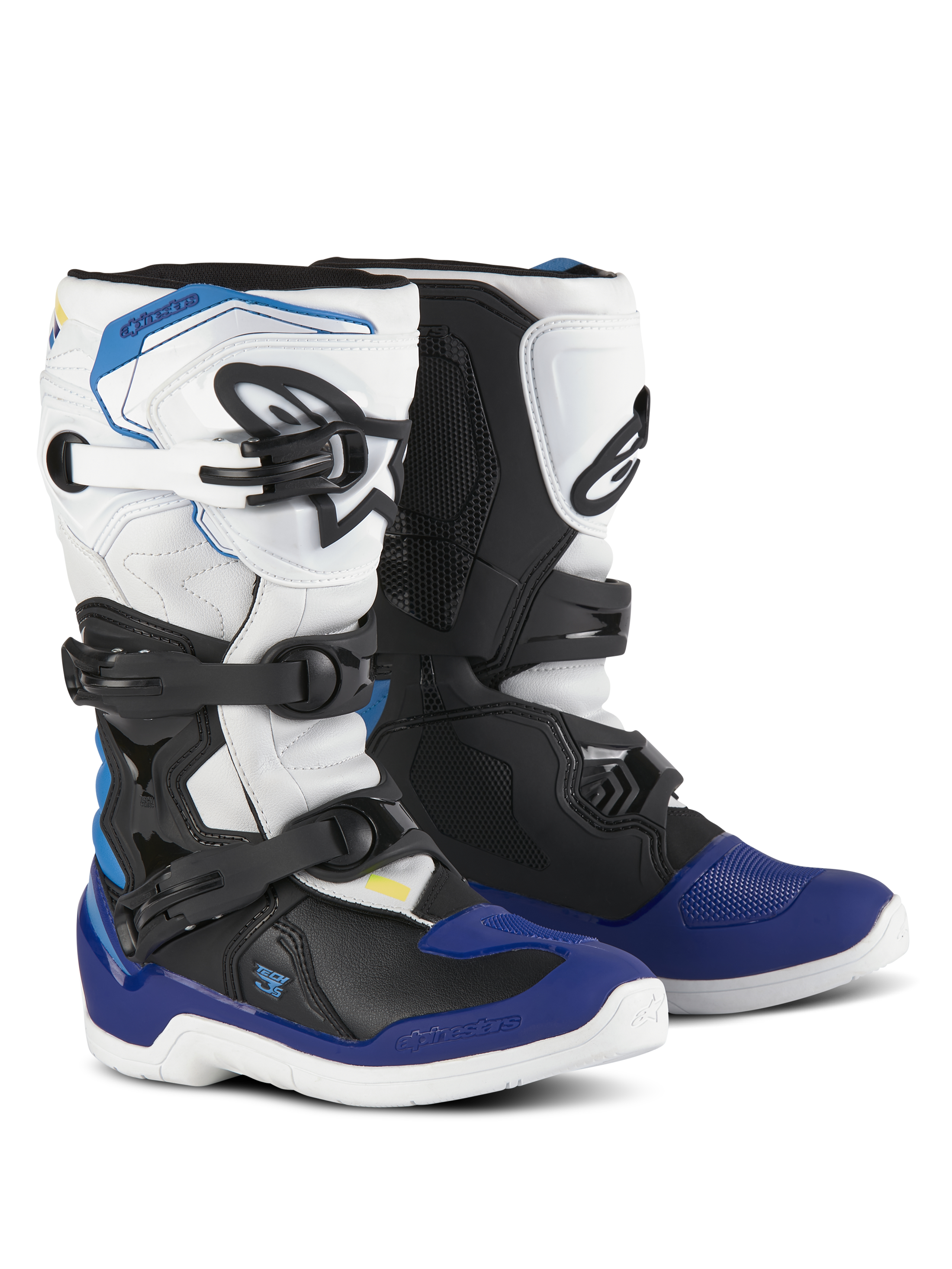 Alpinestars Youth Tech 3S Stiefel, Motocross-Stiefel, Weiß, Schwarz und Emaille-Blau, mit Mehrfach-Schnallenverschlusssystem, texturierten Grip-Zonen und weißen Sohlen, langlebige schützende Motorradstiefel für junge Fahrer