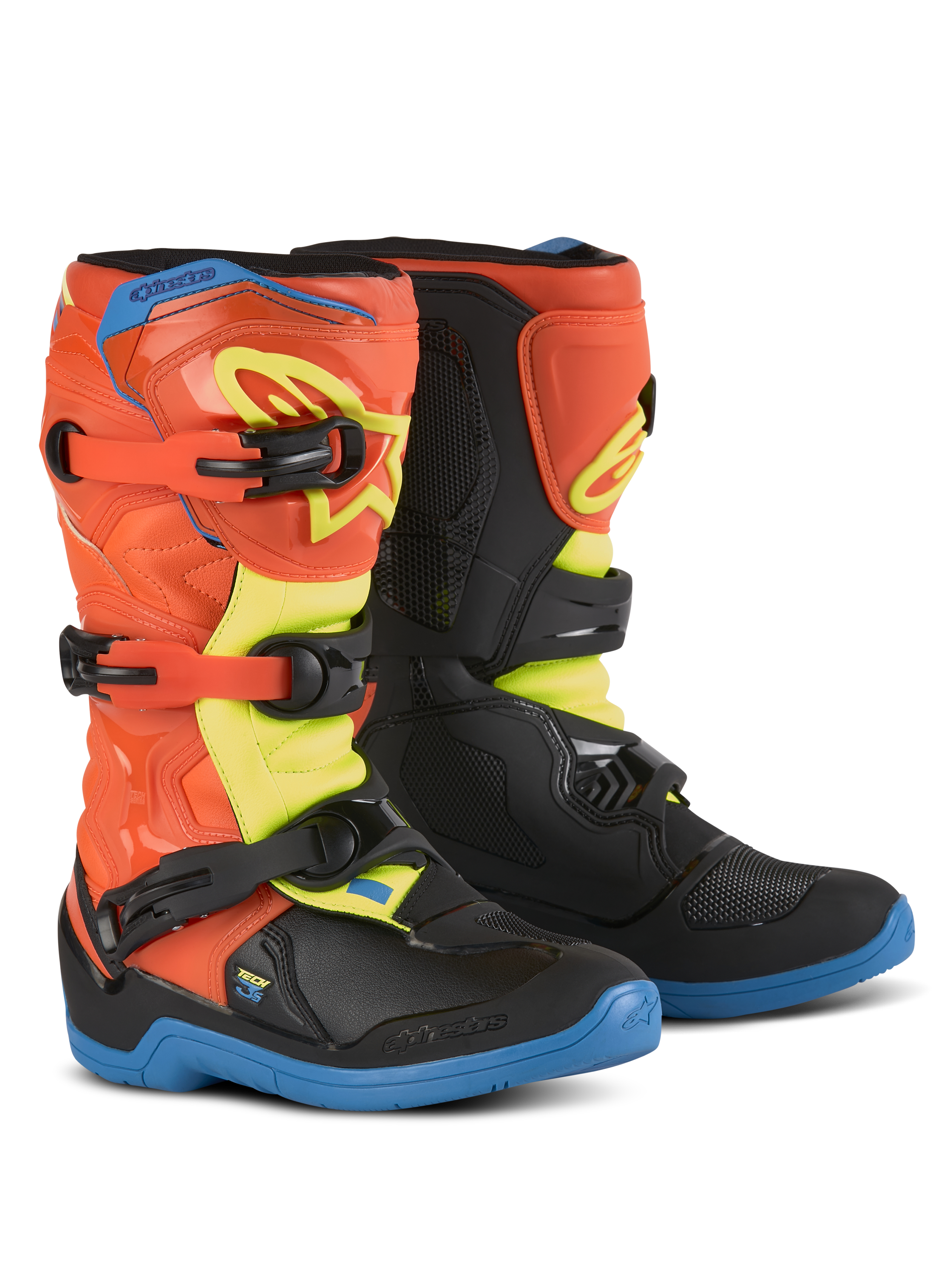 Alpinestars Youth Tech 3S Stiefel, Motocross-Stiefel für Kinder, Orange Fluo, Enamel Blue und Yellow Fluo, blaue Sohlen, Drei-Schnallen-Verschlusssystem, schützende TPU-Schienbeinplatten, Offroad-Fahrausrüstung