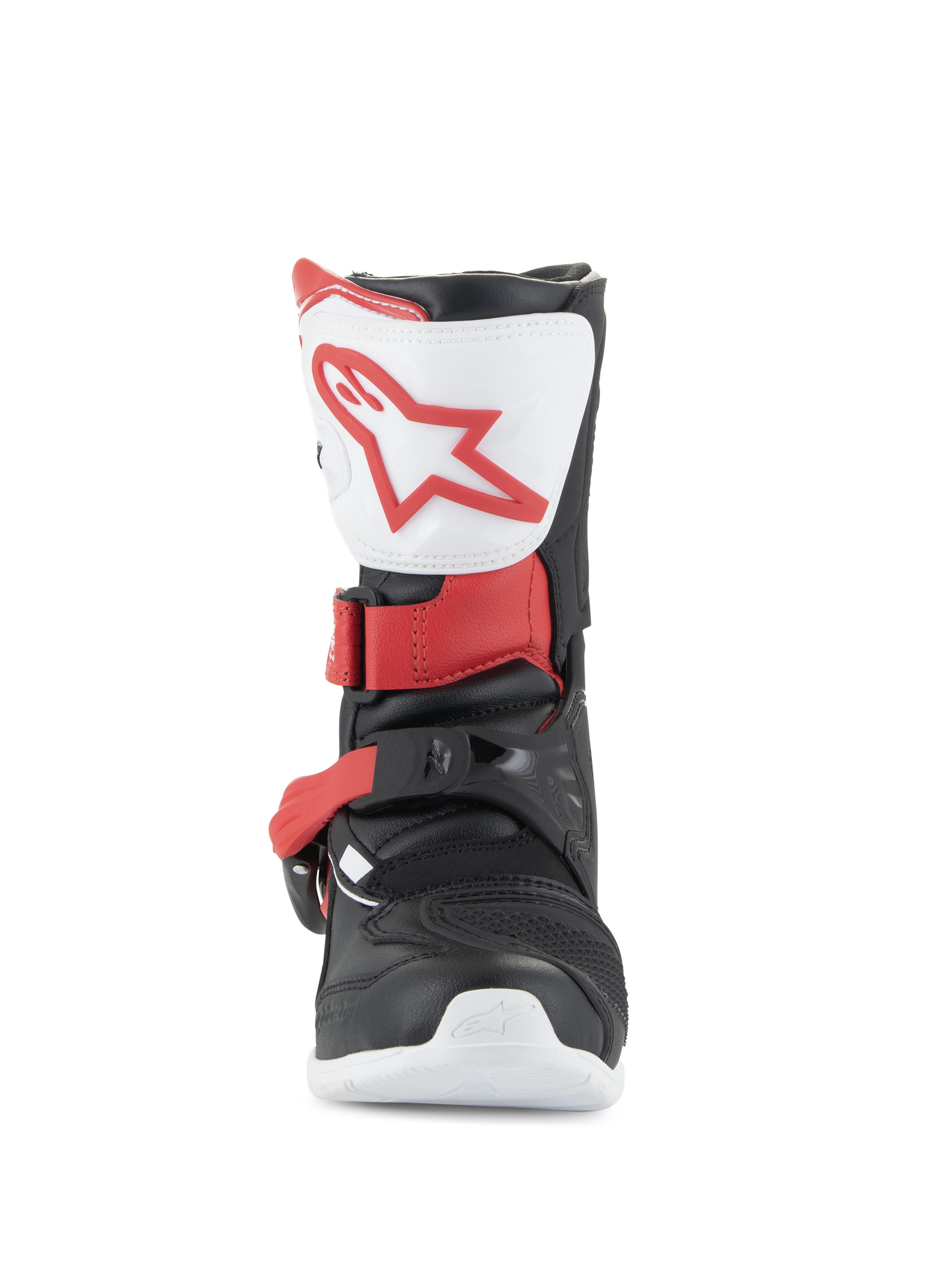 Alpinestars Kids Tech 3S Stiefel, Motocross-Stiefel, Weiß, Schwarz und Hellrot, Vorderansicht mit weißer Schienbeinplatte und rotem Logo, schwarzes Chassis mit roten Schnallenriemen, schützendes Offroad-Schuhwerk für junge Fahrer