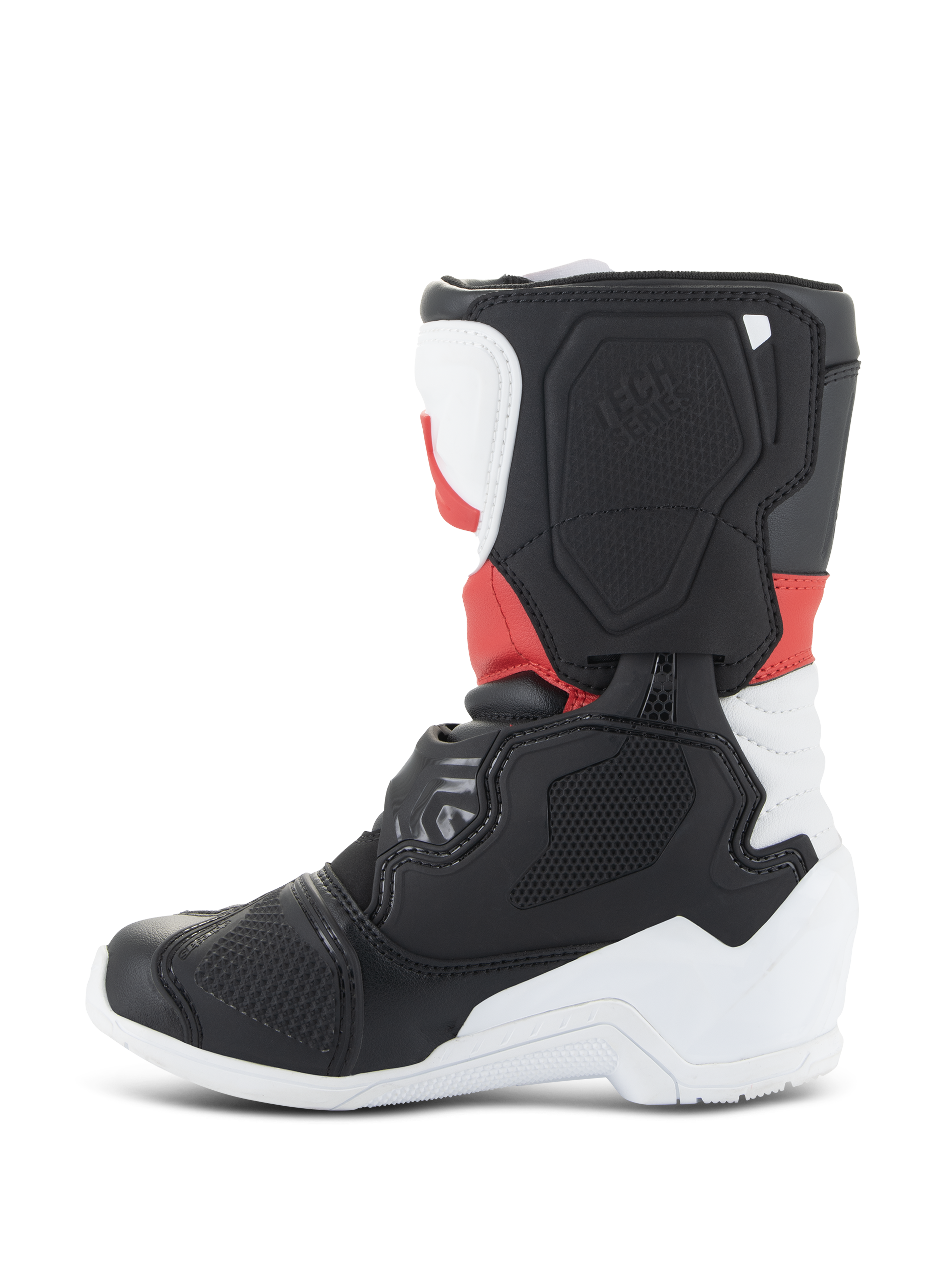 Alpinestars Kids Tech 3S Stiefel, Motocross-Stiefel, Weiß, Schwarz und Hellrot, Seitenprofil mit schützenden TPU-Panels, verstärktem Zehen- und Fersenbereich und strukturiertem seitlichem Blade-Design für den Offroad-Rennsport