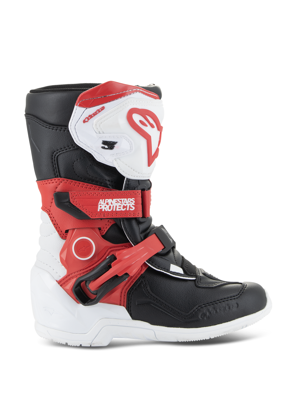 Alpinestars Kids Tech 3S Stiefel, Kinder-Motocross-Stiefel, Weiß, Schwarz und leuchtendes Rot, hochgeschnittenes Schutzdesign, verstellbare rote Riemen, weiße Schienbeinplatte mit rotem Logo, strapazierfähige weiße Außensohle