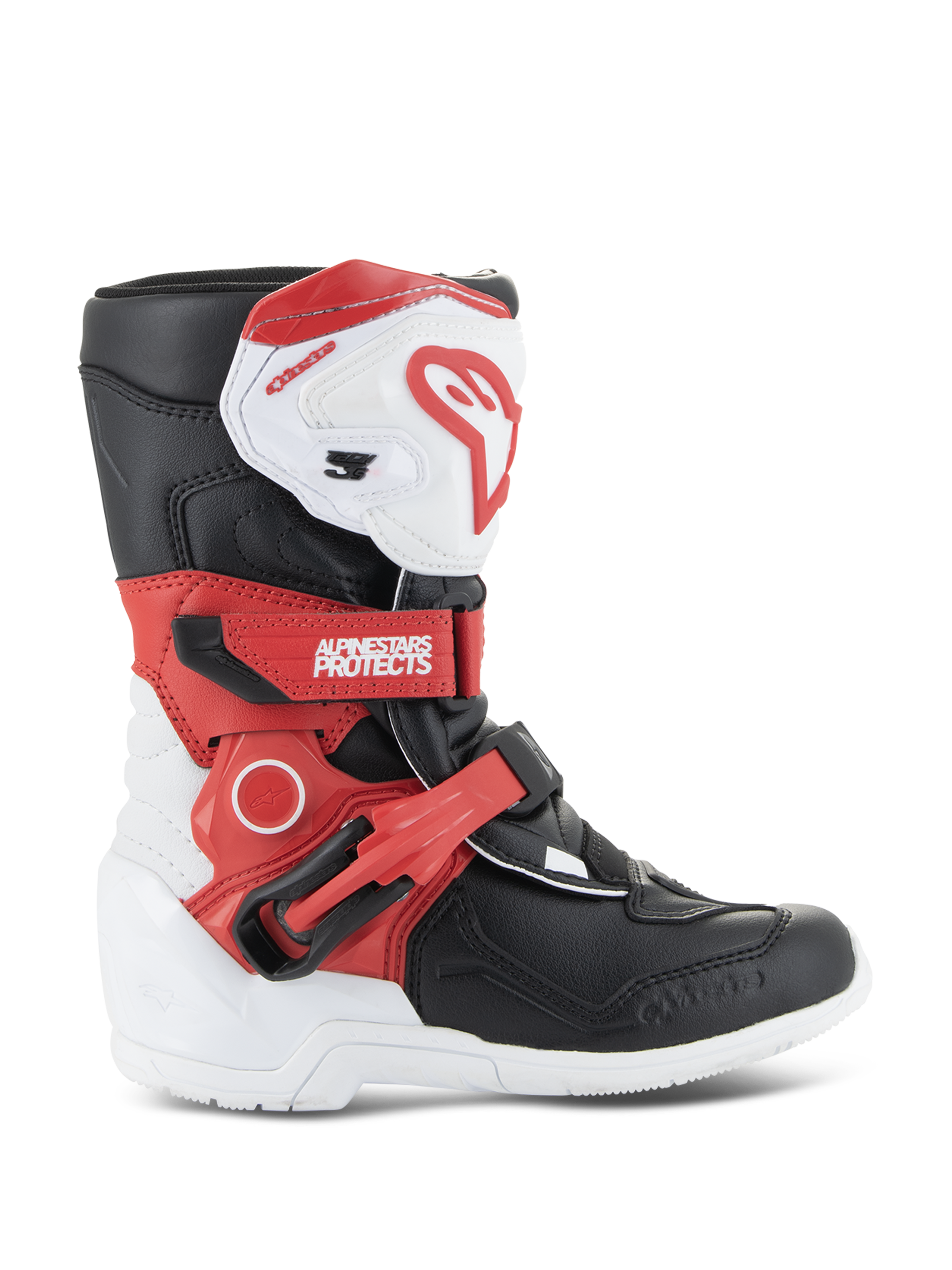 Alpinestars Kids Tech 3S Boots, Youth Motocross Boots, White Black and Bright Red, featuring a high-ankle protective design, adjustable red straps, white shin plate with red logo, and a durable white outsole.