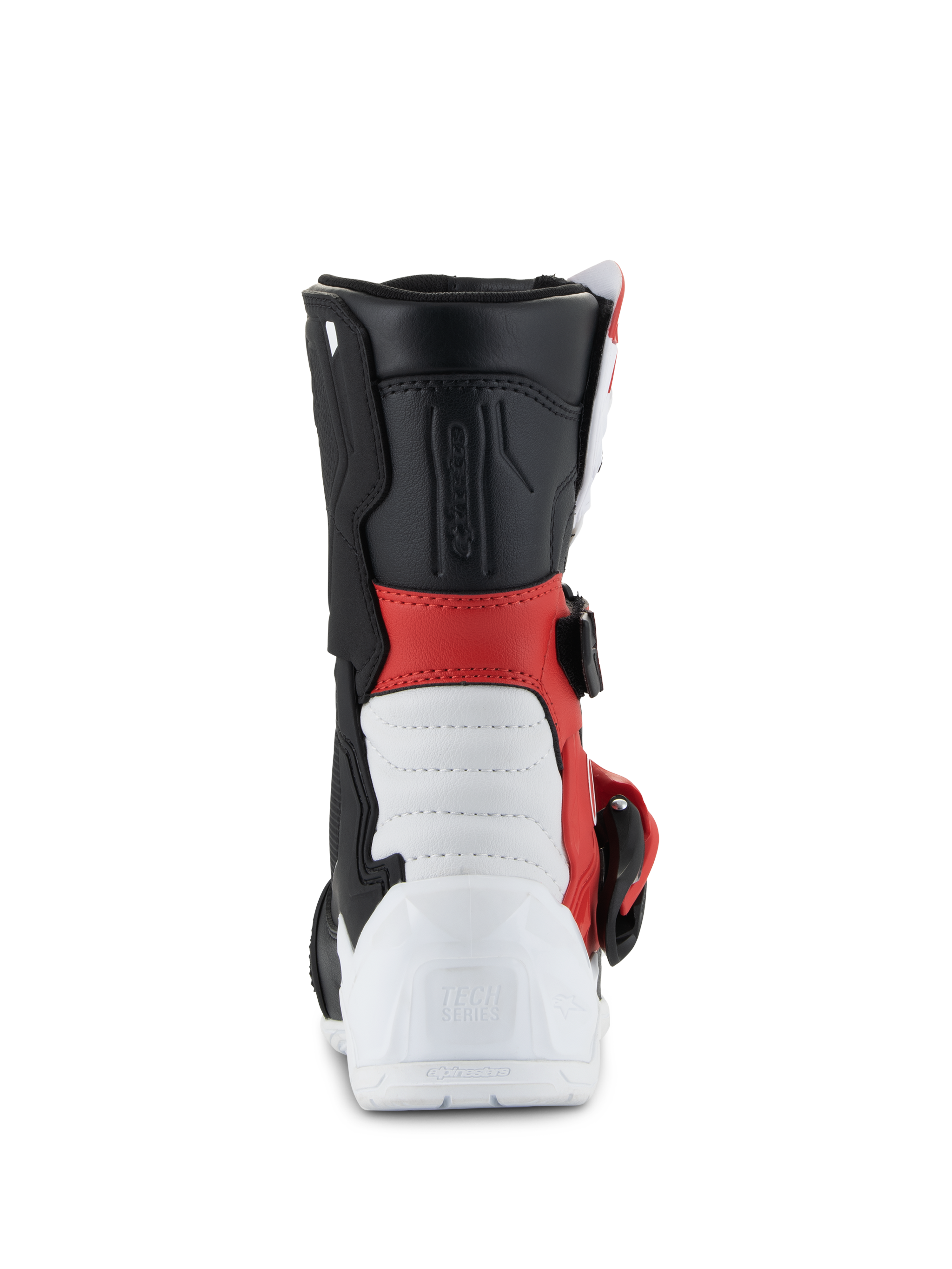 Alpinestars Kids Tech 3S Stiefel, Motocross-Stiefel, Weiß, Schwarz und leuchtendes Rot, Rückansicht mit weißer verstärkter Ferse mit geprägtem Tech Series-Logo, rotem Mittelabschnitt, schwarzer oberer Manschette und seitlichem Schnallendetail, schützendes Offroad-Schuhwerk