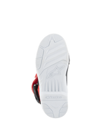 Alpinestars Kids Tech 3S Stiefel, Motocross-Stiefel, Weiß, Schwarz und leuchtendes Rot, Unteransicht der weißen Gummisohle mit geprägtem Alpinestars-Logo und Profilmuster für den Offroad-Rennsport