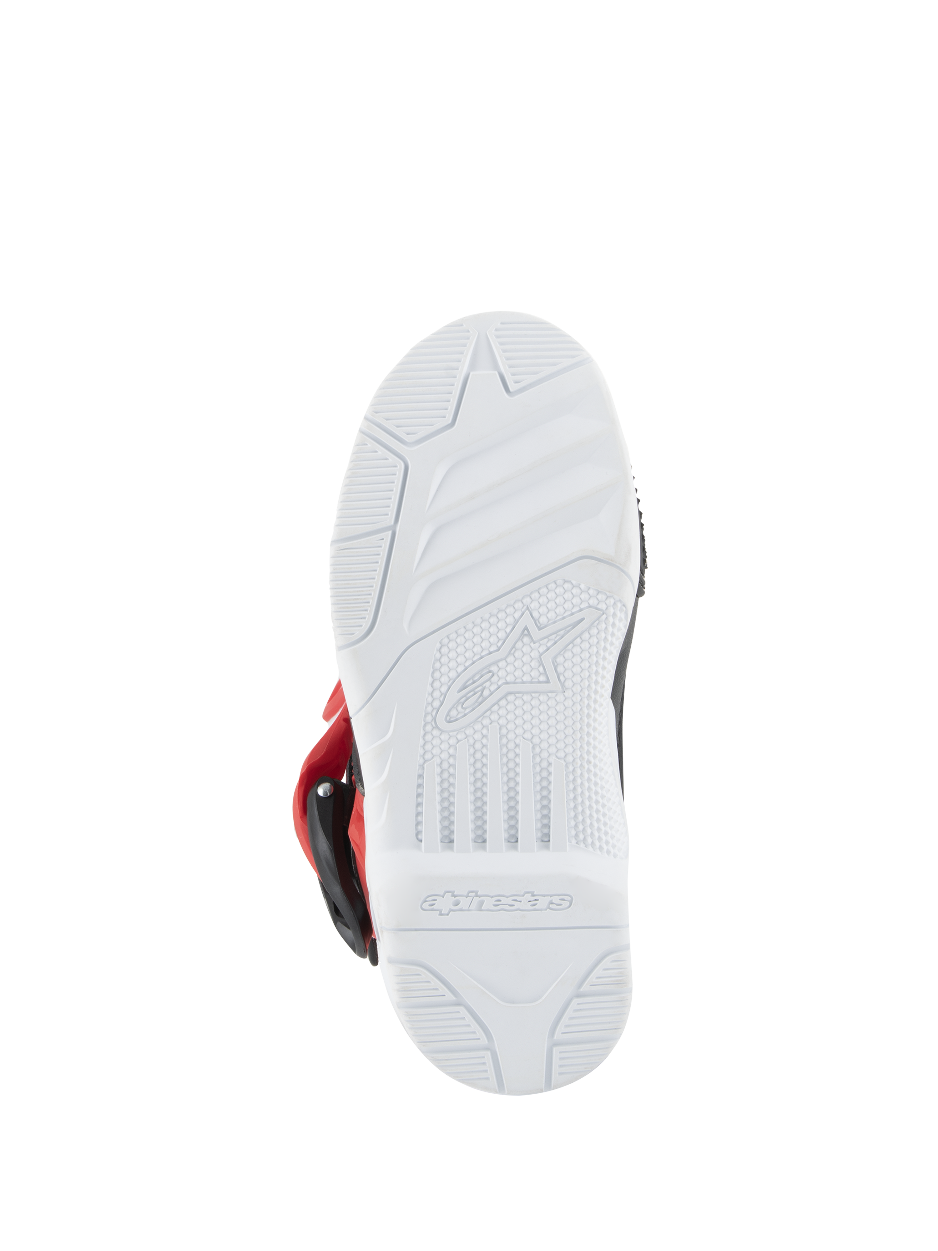 Alpinestars Kids Tech 3S Stiefel, Motocross-Stiefel, Weiß, Schwarz und leuchtendes Rot, Unteransicht der weißen Gummisohle mit geprägtem Alpinestars-Logo und Profilmuster für den Offroad-Rennsport