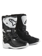 Alpinestars Kids Tech 3S Stiefel, Motocross-Stiefel, Schwarz und Weiß, mit weißen TPU-Schienbeinplatten und schwarzen Alpinestars-Logos, verstellbare Schnallen- und Klettverschlüsse, strapazierfähige Gummiaußensohlen für Offroad-Schutz für Kinder.