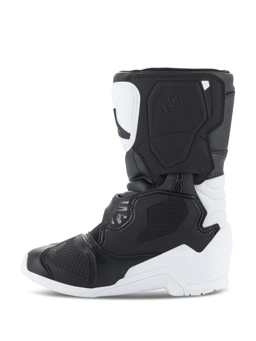 Alpinestars Kids Tech 3S Stiefel, Motocross-Stiefel, Weiß und Schwarz, Seitenansicht mit Fokus auf TPU-Schutzplatten, robuster Mikrofaser-Konstruktion und Multi-Panel-Design für junge Motocross-Fahrer.
