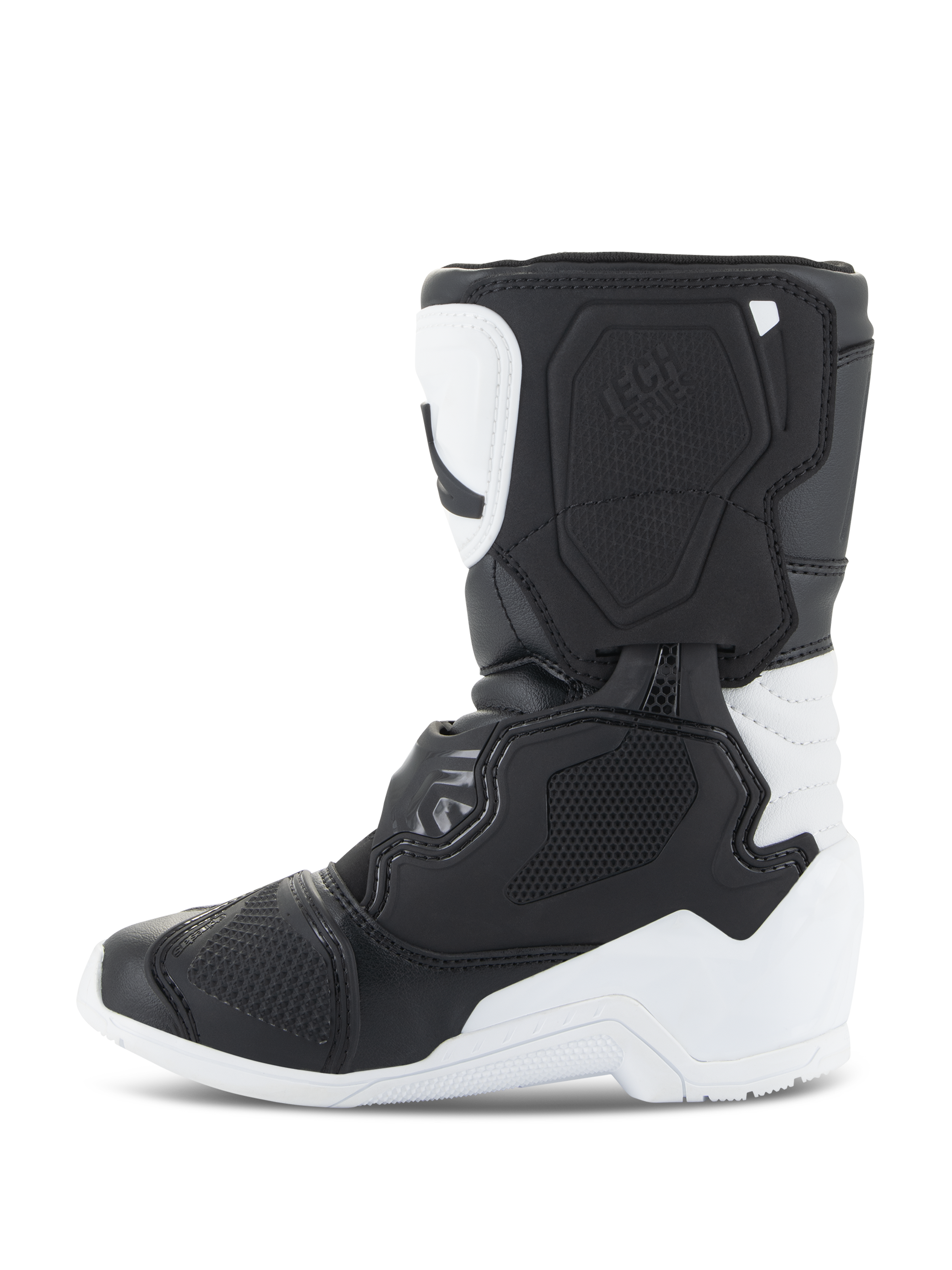 Alpinestars Kids Tech 3S Stiefel, Motocross-Stiefel, Weiß und Schwarz, Seitenansicht mit Fokus auf TPU-Schutzplatten, robuster Mikrofaser-Konstruktion und Multi-Panel-Design für junge Motocross-Fahrer.
