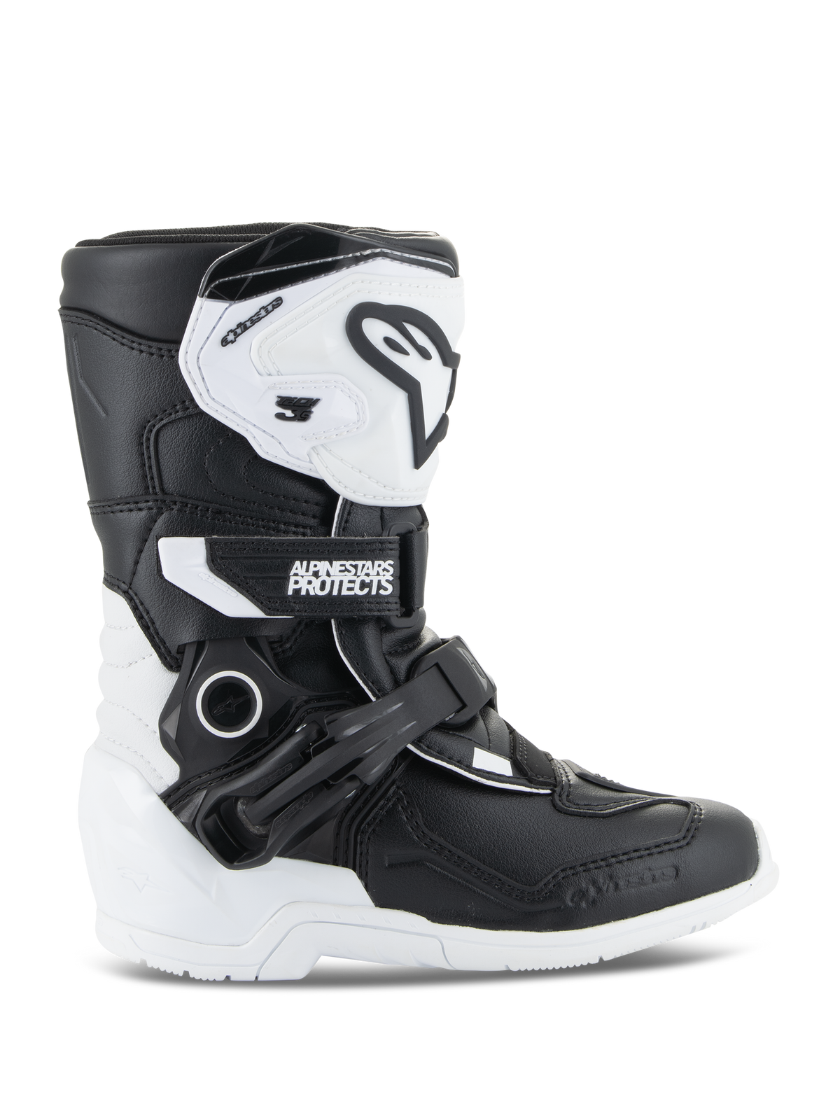 Alpinestars Kids Tech 3S Stiefel, Motocross-Stiefel für Jugendliche, Weiß und Schwarz, Seitenansicht mit High-Top-Design, Schnallen- und Riemenverschlusssystem, schützende TPU-Schienbeinplatte und weiße Sohle, Offroad-Motorradschuhe für Kinder